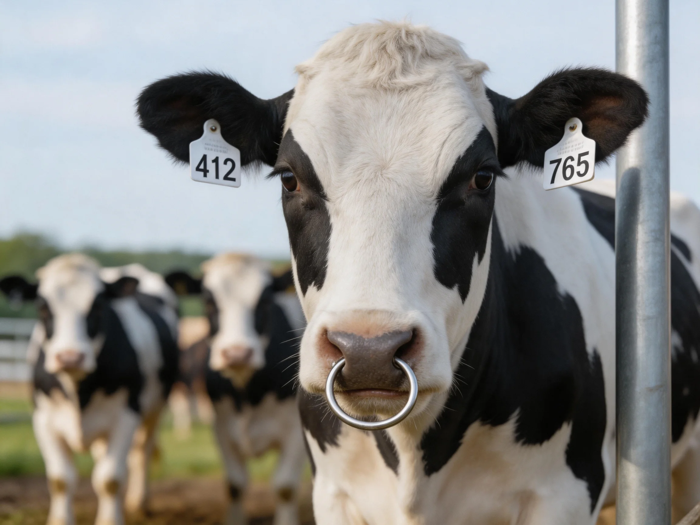 Black and white dairy cows with numbered ear tags and a nose ring