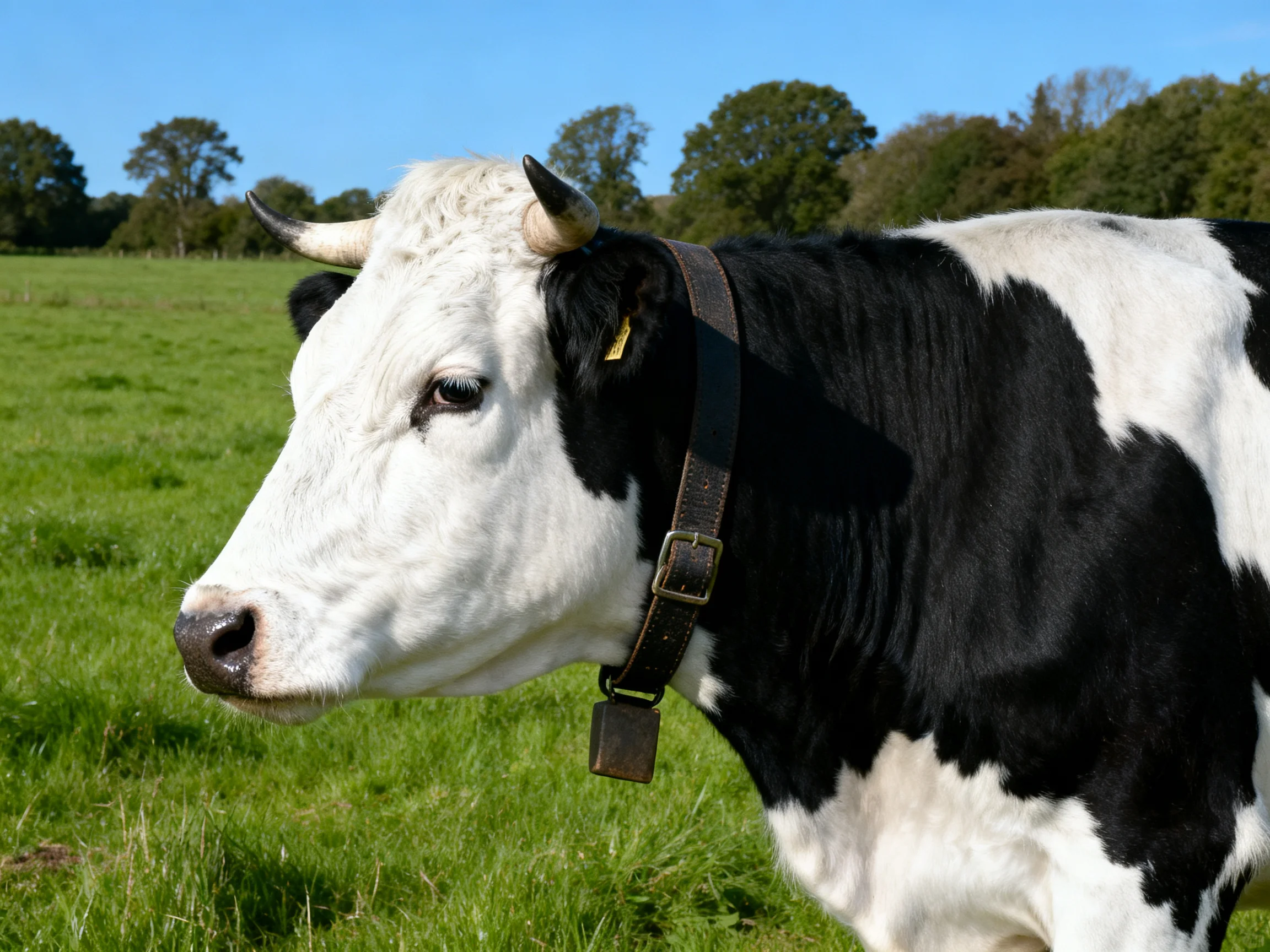 Black and white horned cow in a lush green pasture