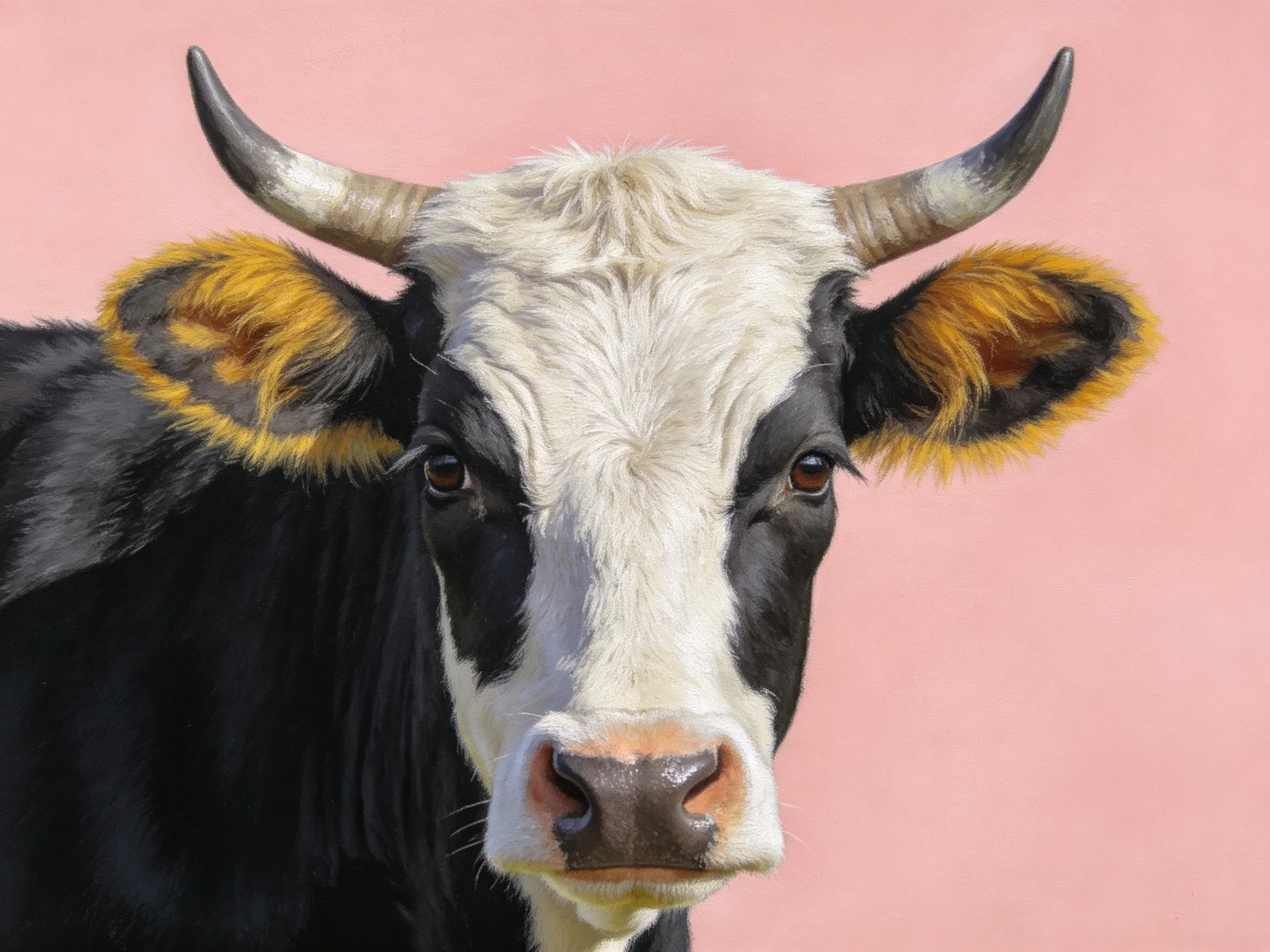 Black and white horned cow with yellow ear tips on pink