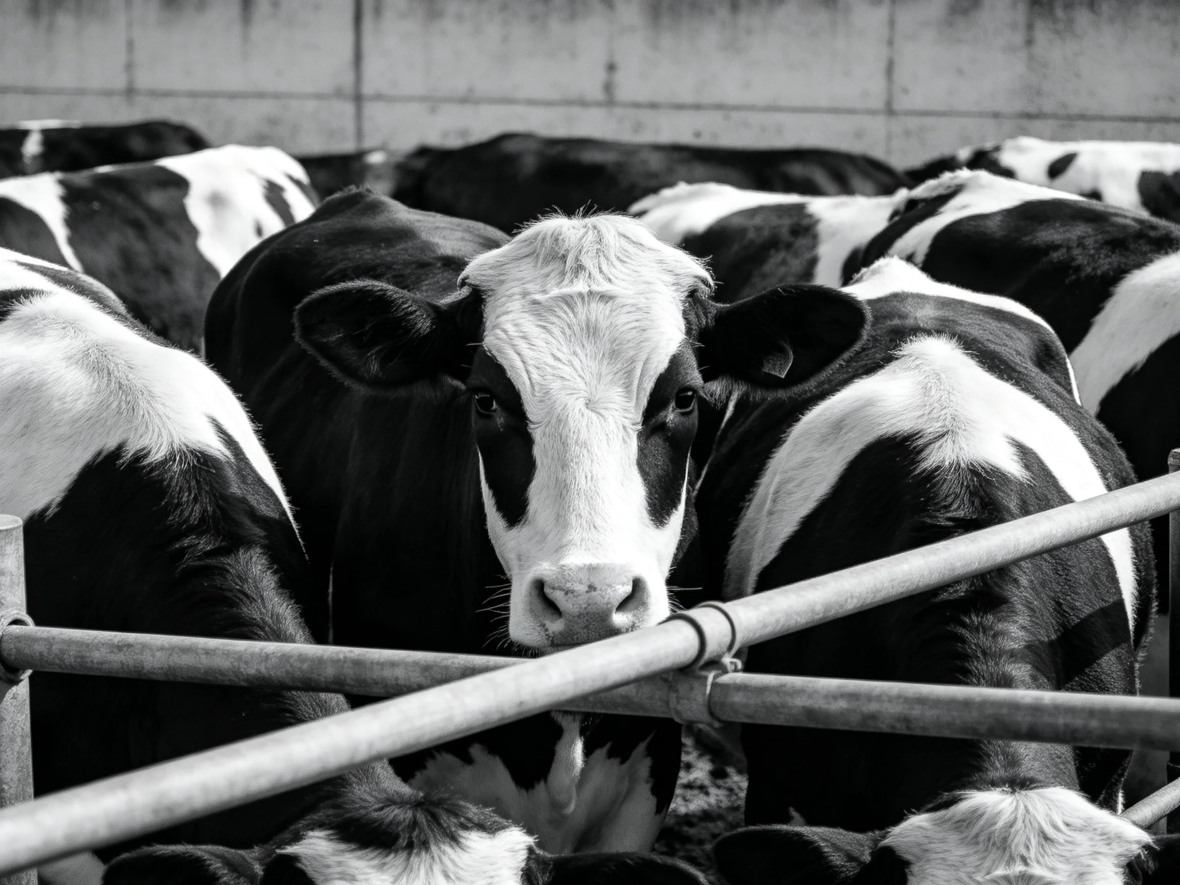 Black and white photo of numerous dairy cows near metal enclosures