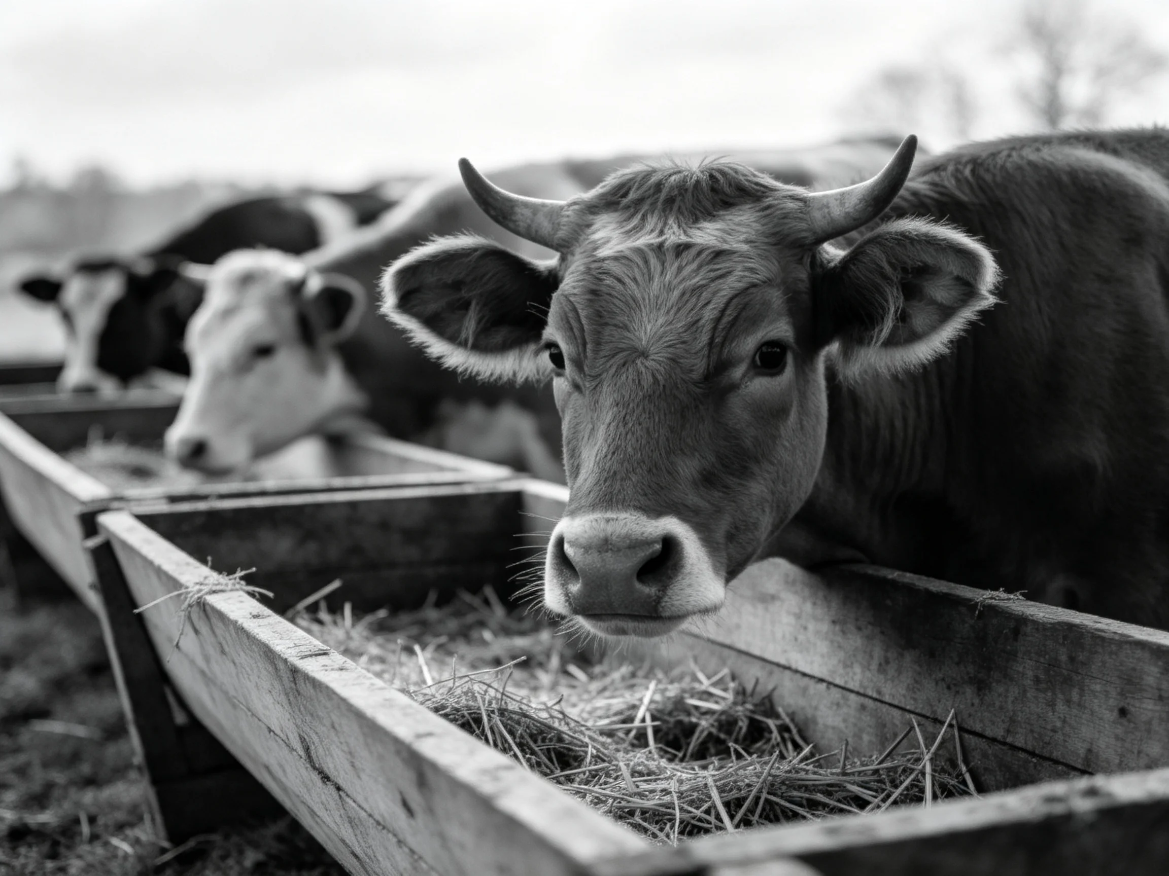 Black and white photograph of cows by wooden feeding troughs