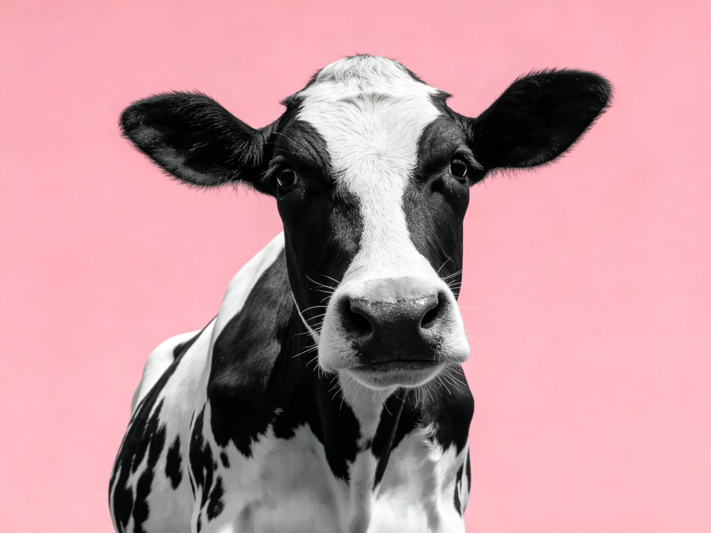 A black and white spotted cow stands before a solid pink background.