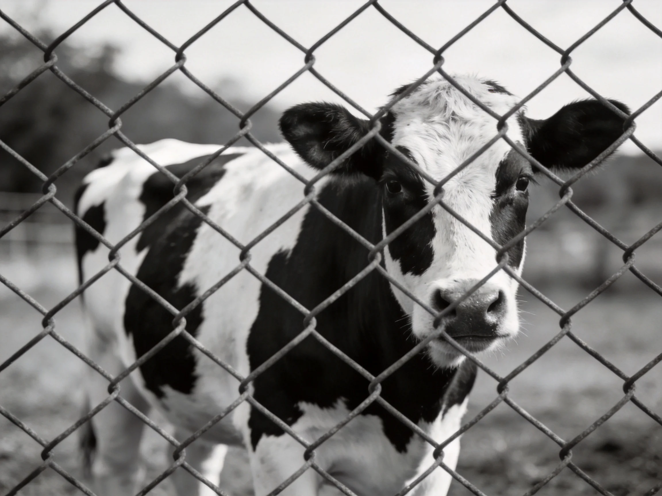 Black and white spotted cow peering through a chain-link fence