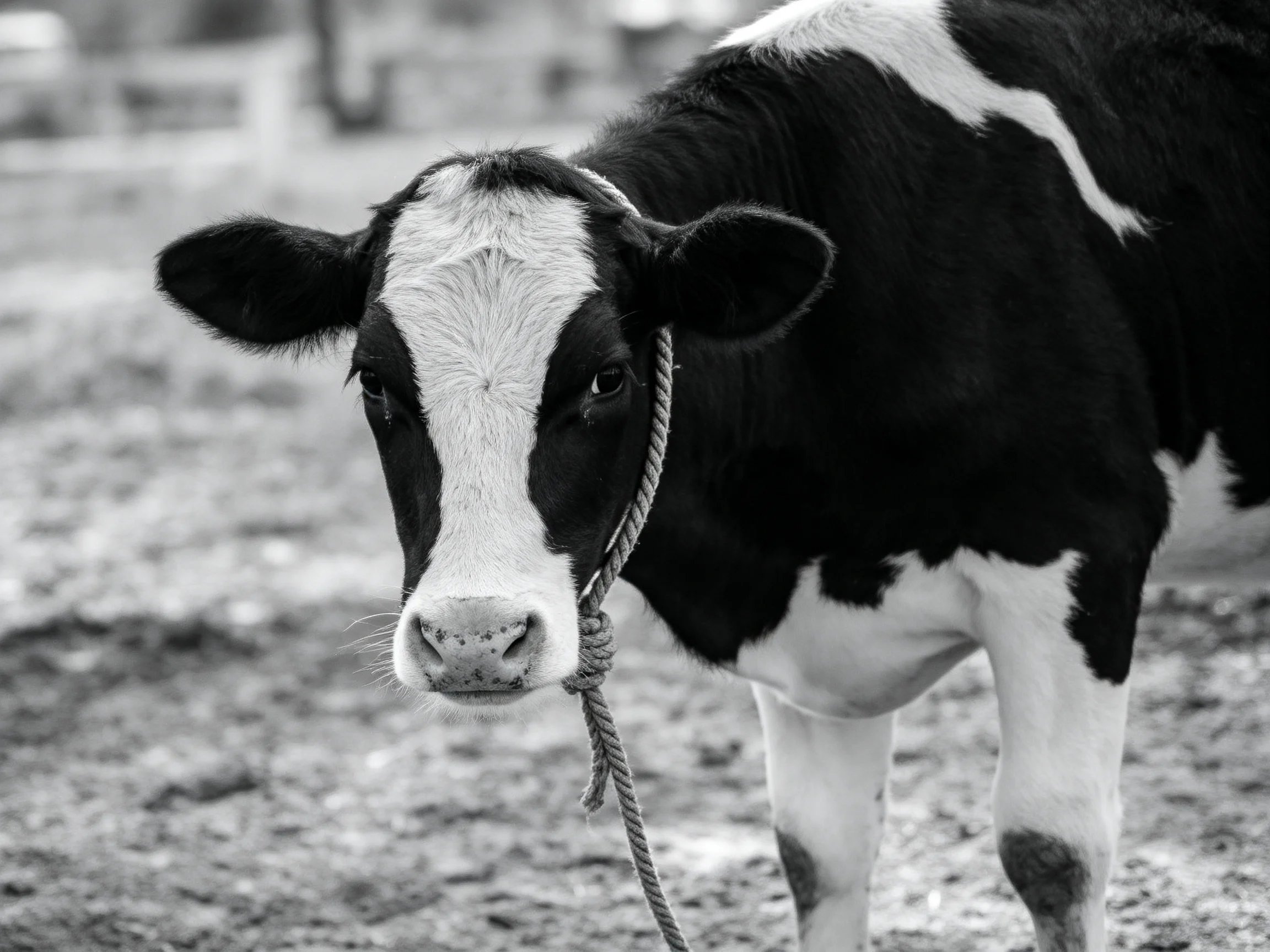 Black and white spotted cow with rope halter outdoors