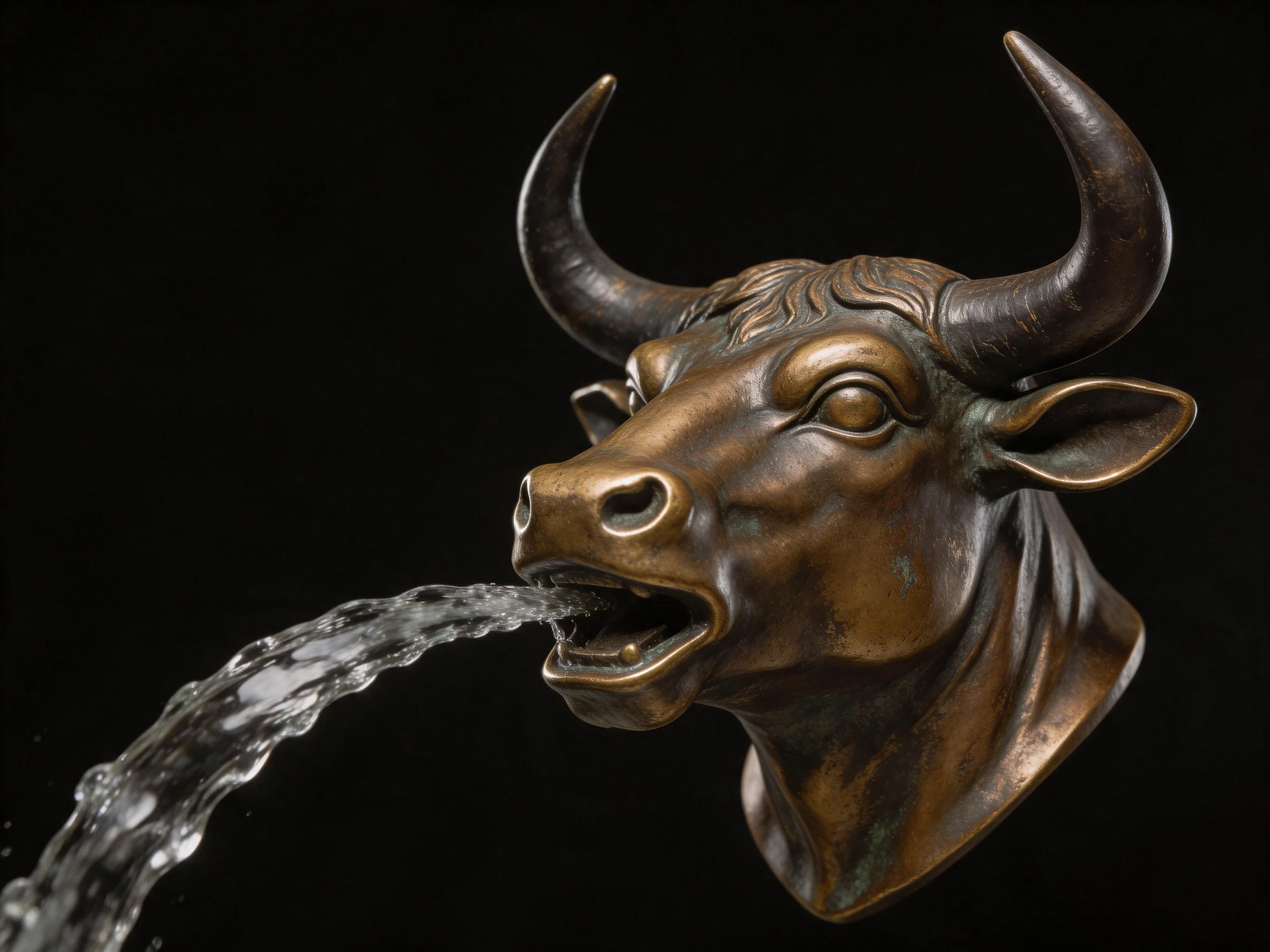 Bronze bull fountain head with large curved horns spraying water