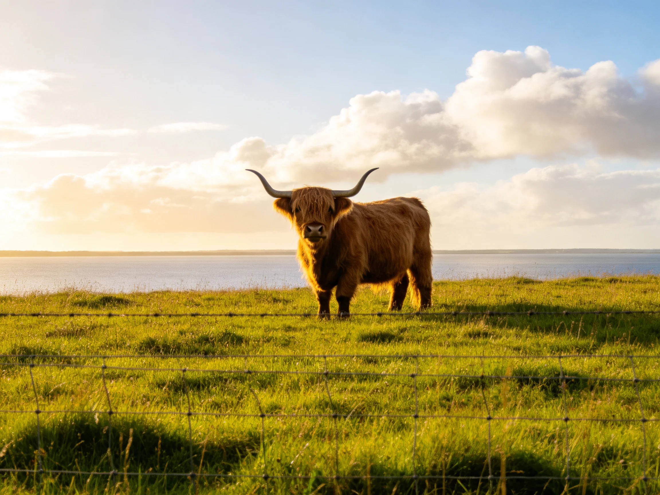 Brown Highland cow in golden-lit grassy field near water