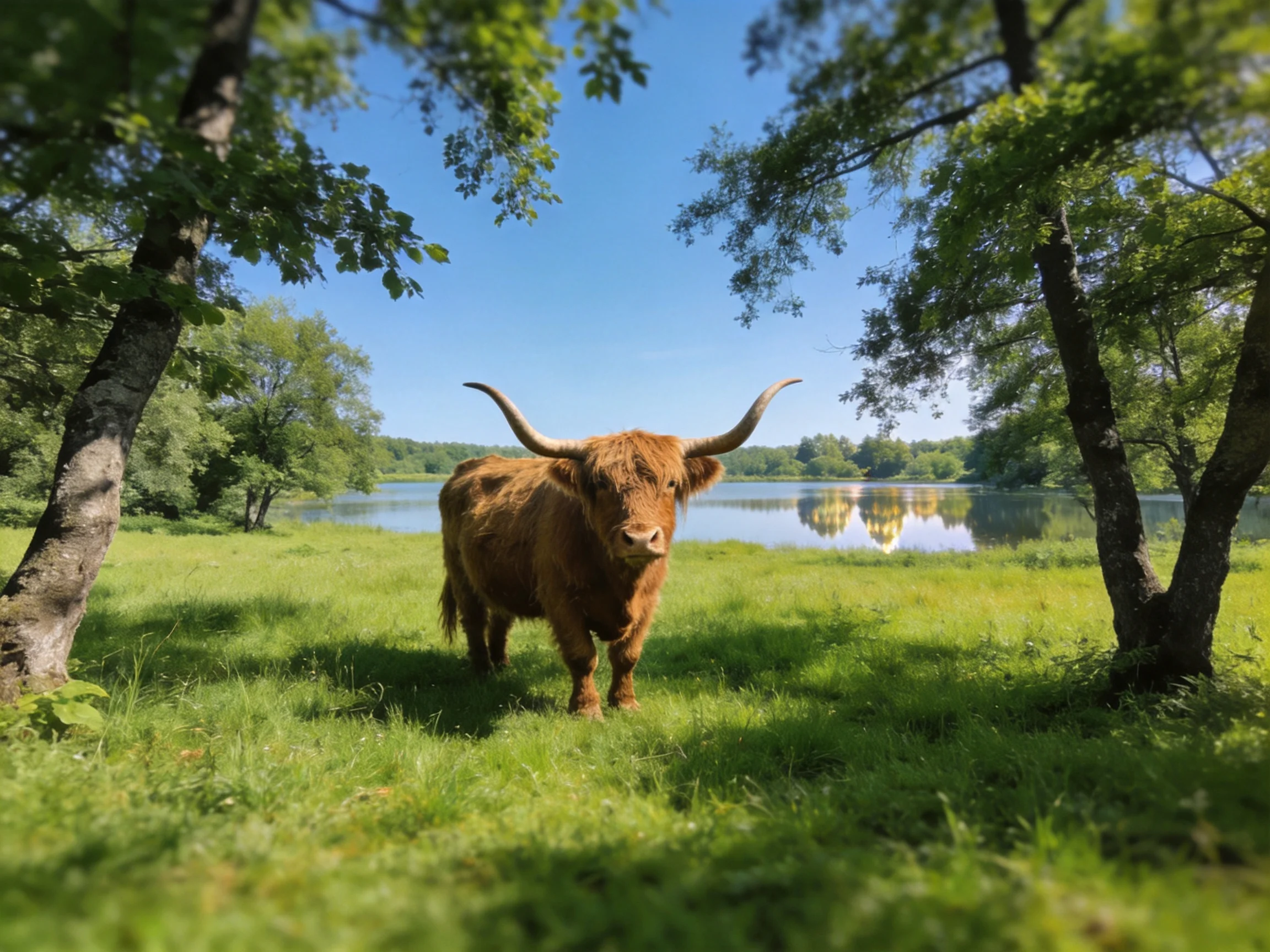 A brown Highland cow stands in a sunlit meadow beside a calm lake.