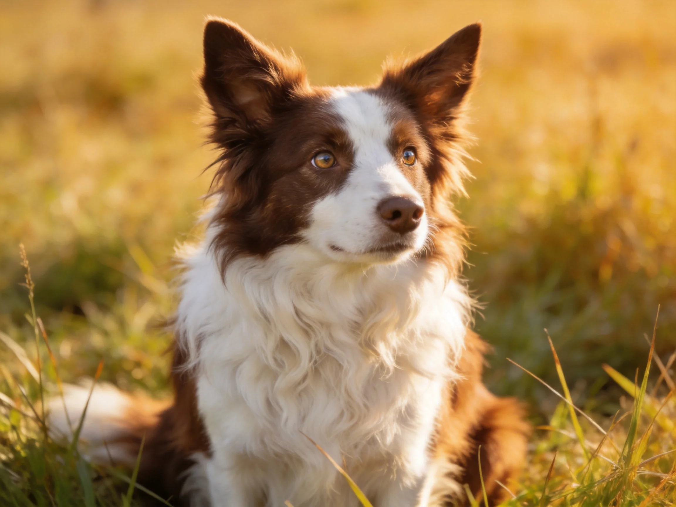 Brown and white Border Collie sitting in sunlit grassy field