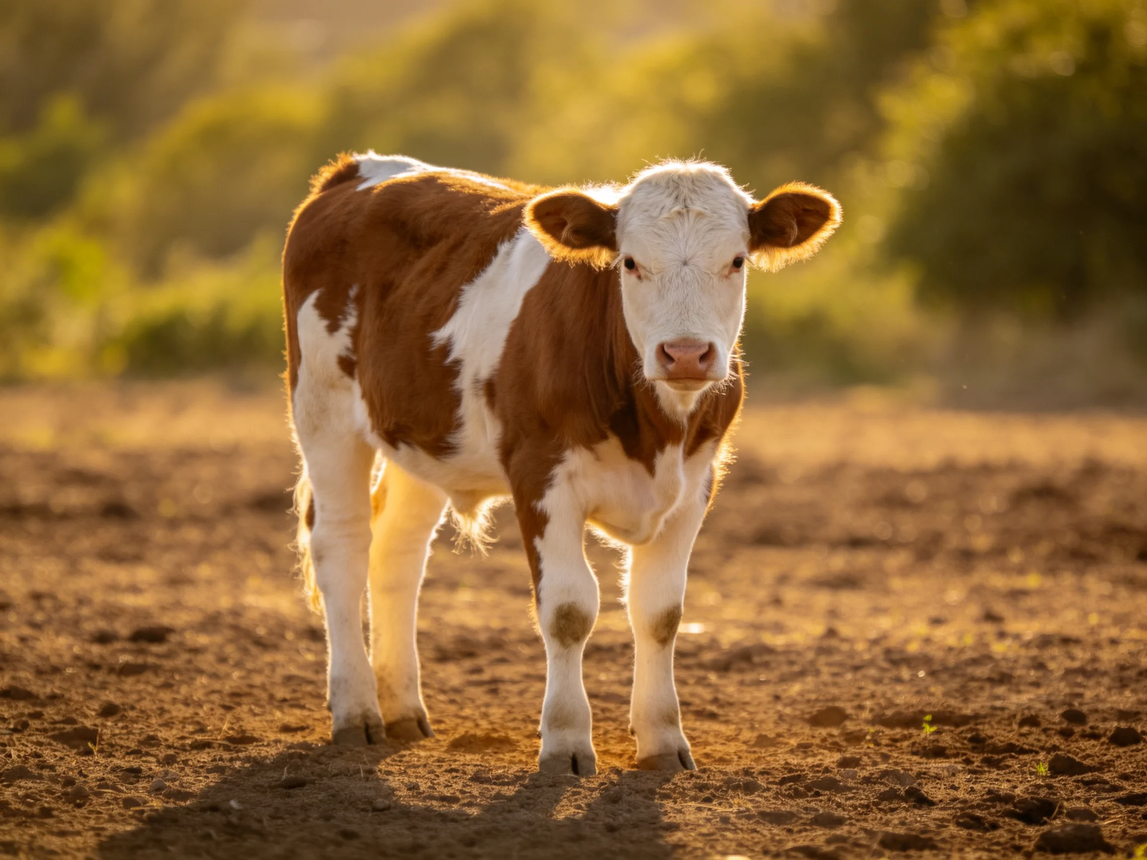 Brown and white calf on dusty terrain with green foliage