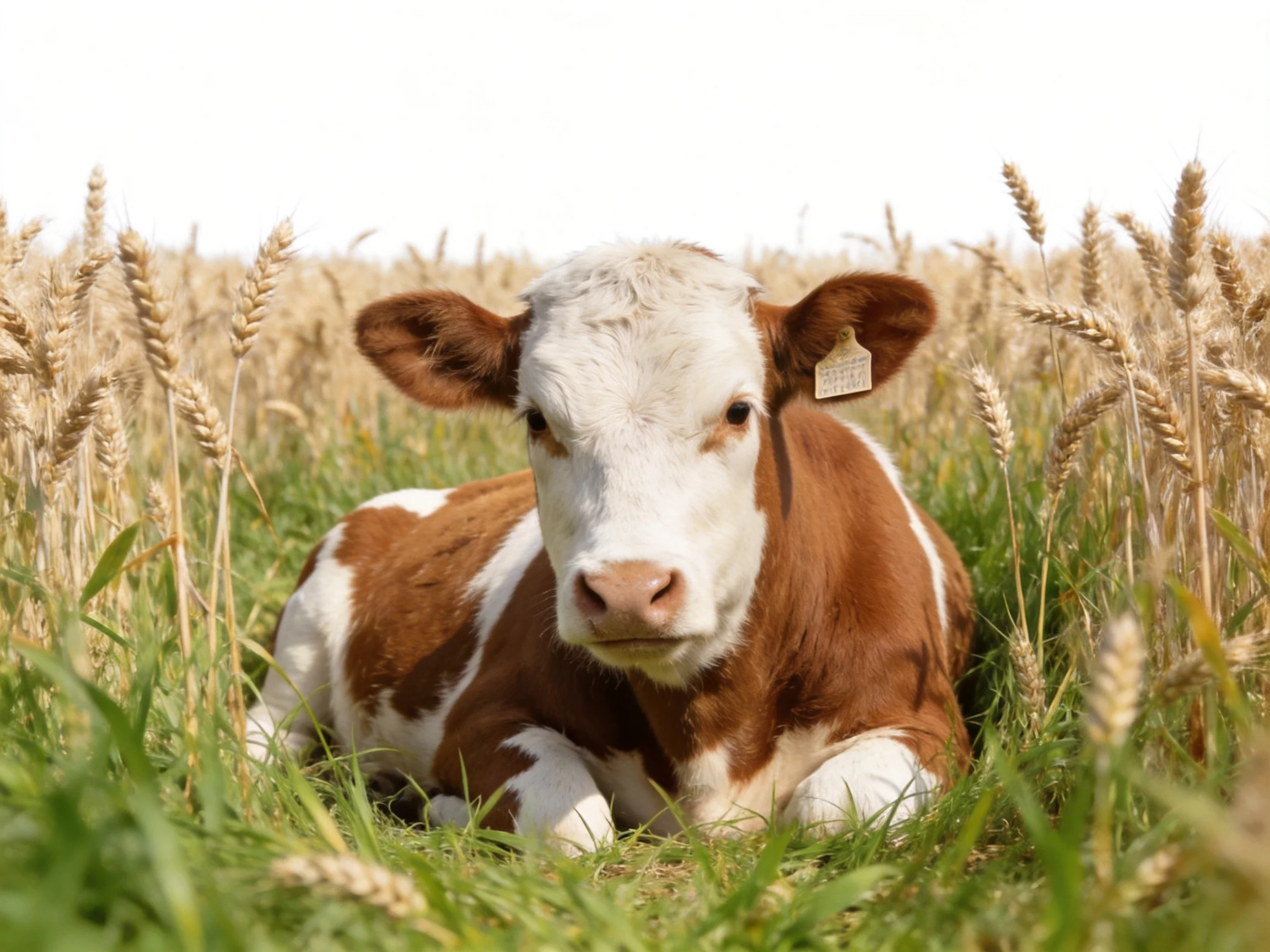 Brown and white calf resting amid tall golden wheat field
