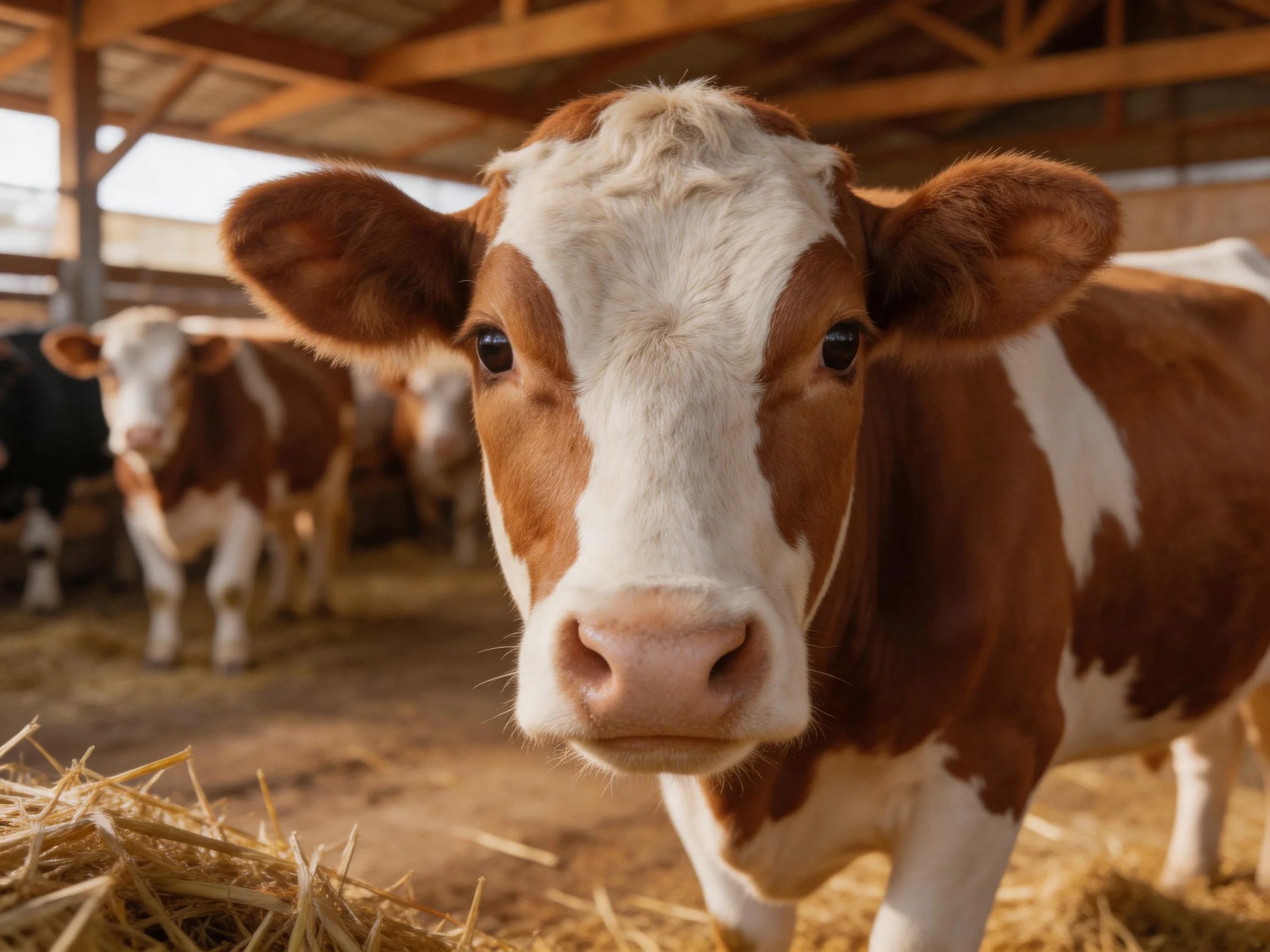 Brown and white calves in a wooden farm shelter with hay