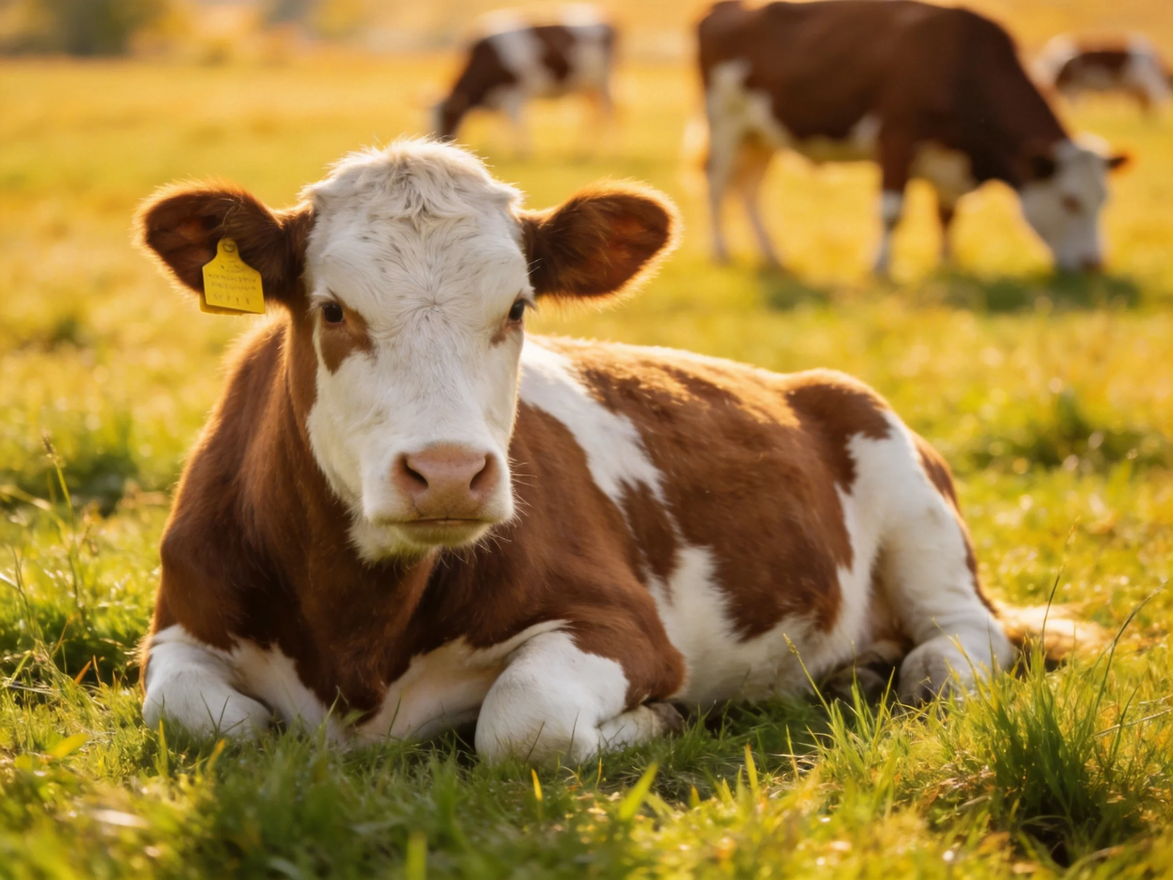 Brown and white calves rest in a sunlit meadow with grazing cows