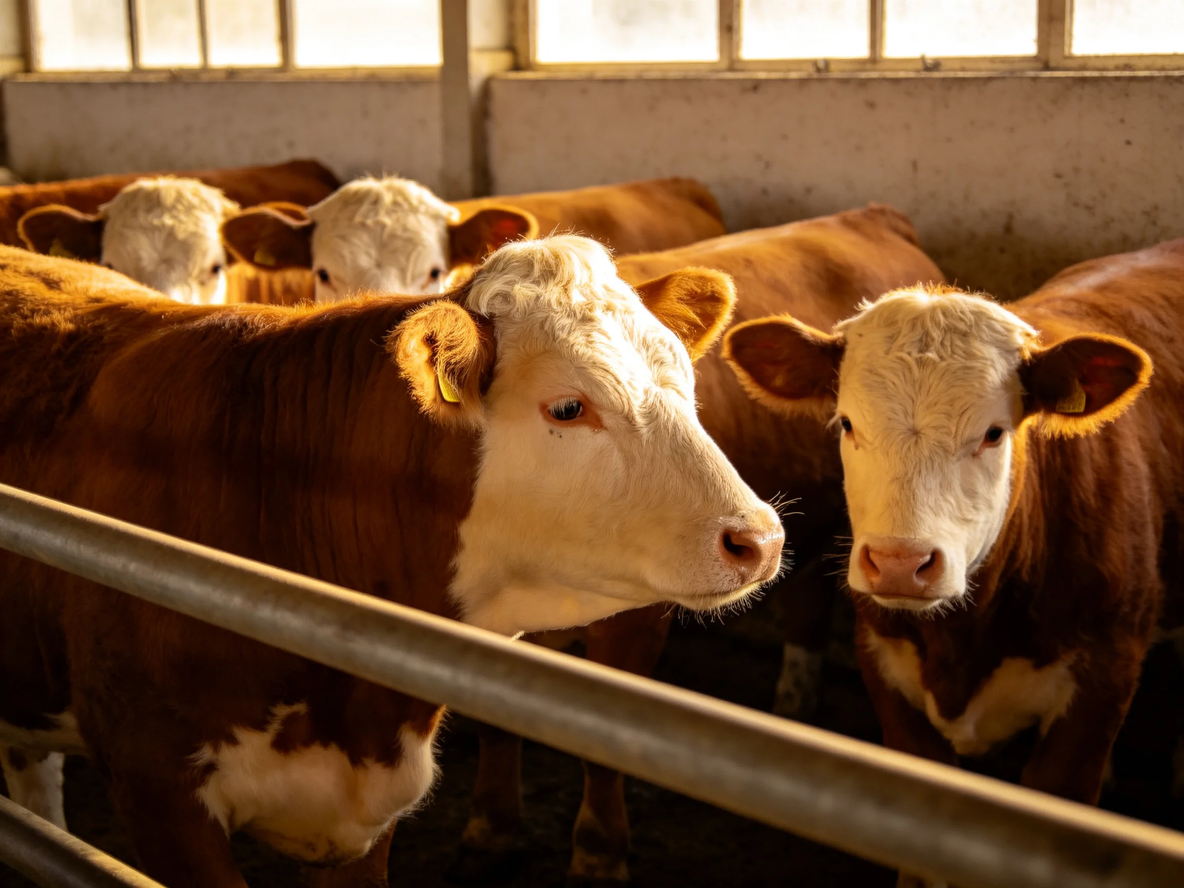 Brown and white cattle cluster behind metal railings in a barn