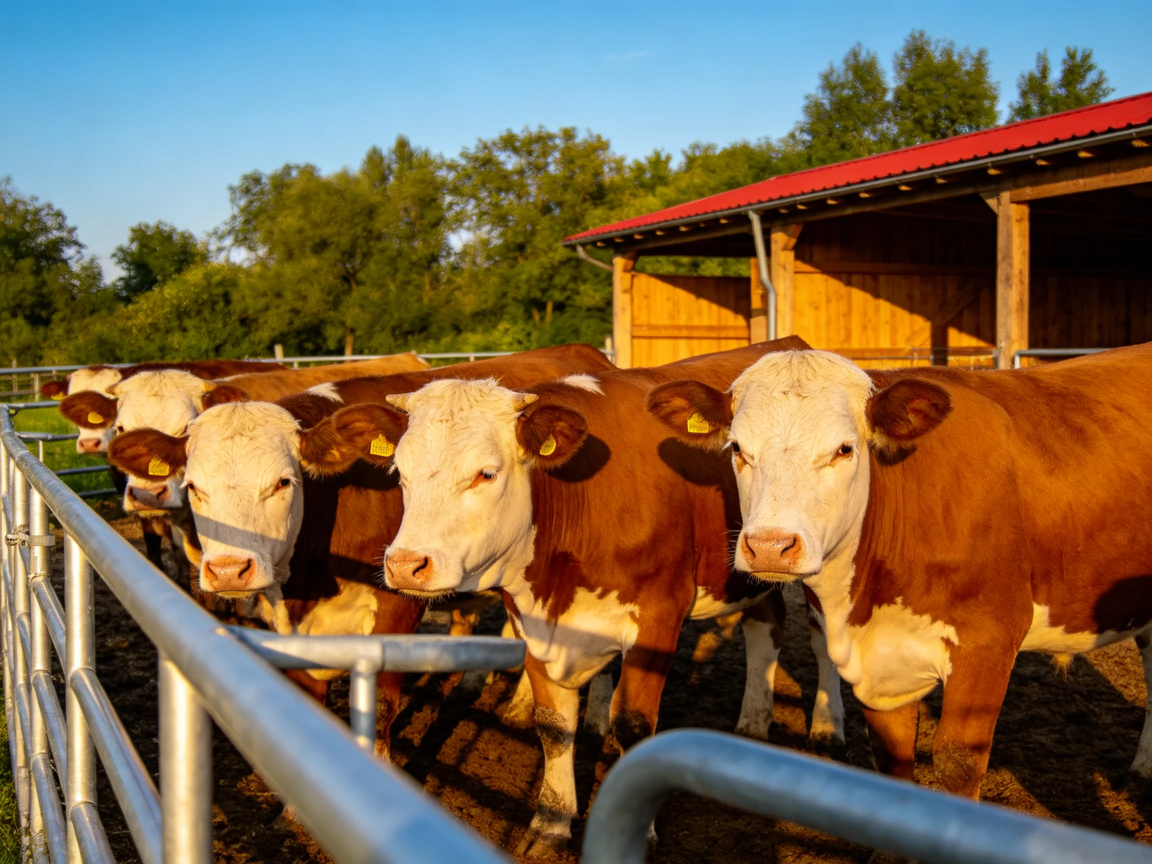 Brown-and-white cattle cluster by a wooden barn with red roof