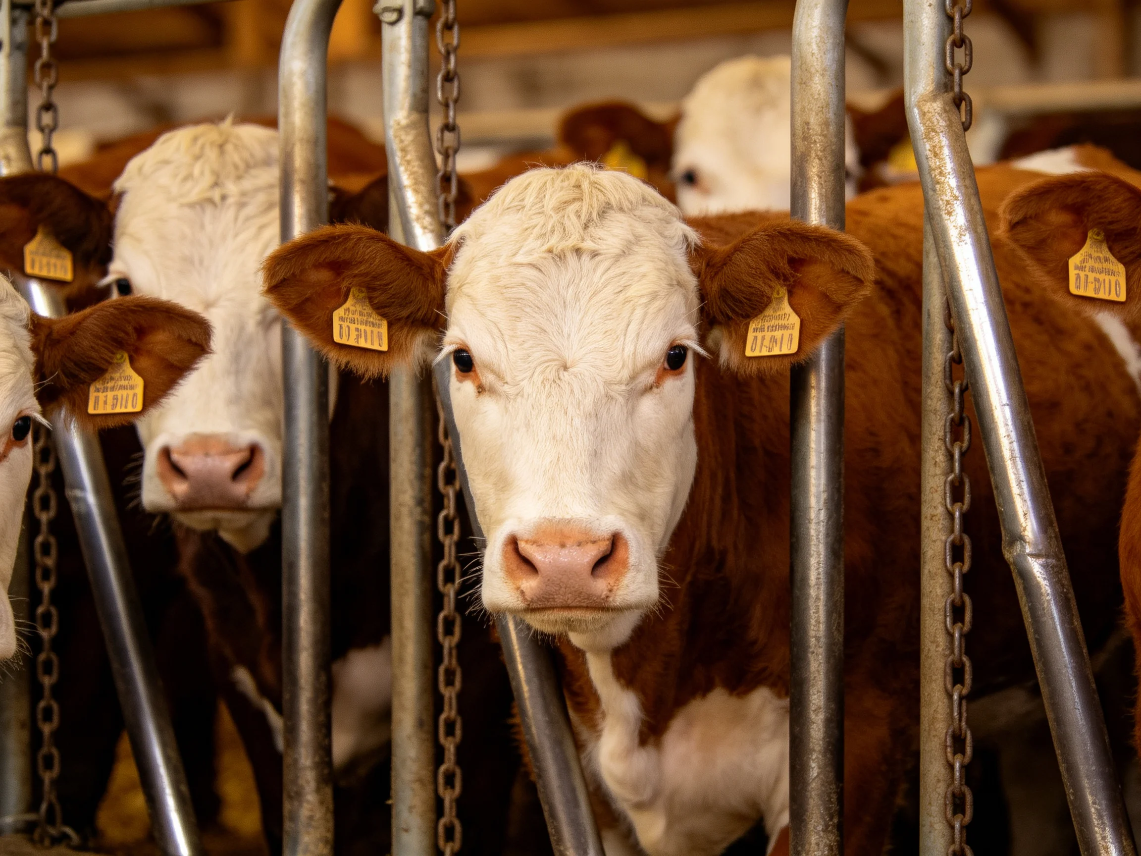 Brown and white cattle gathered behind metal bars in a farm enclosure