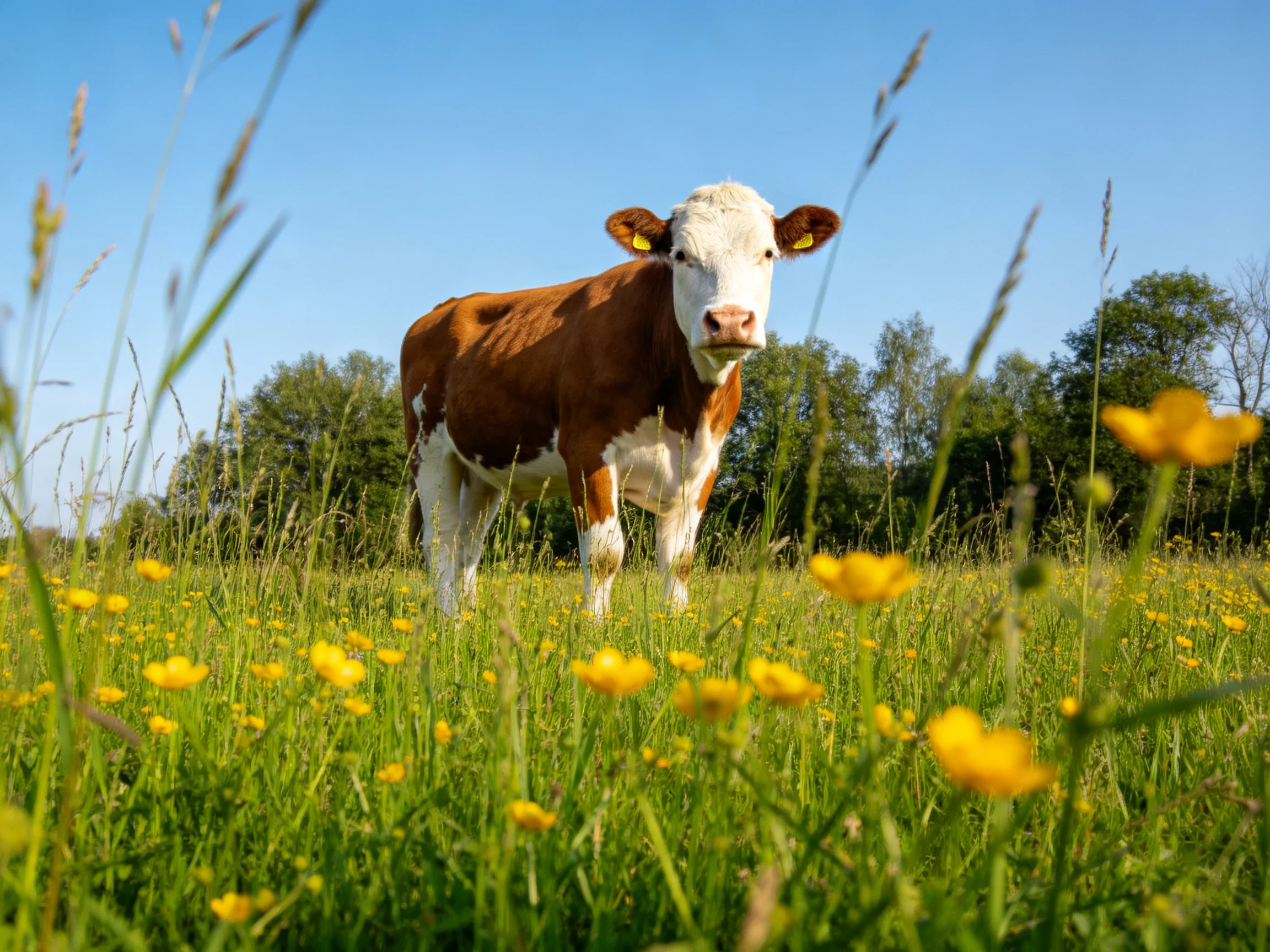 A brown and white cow stands in a sunlit meadow filled with yellow flowers.