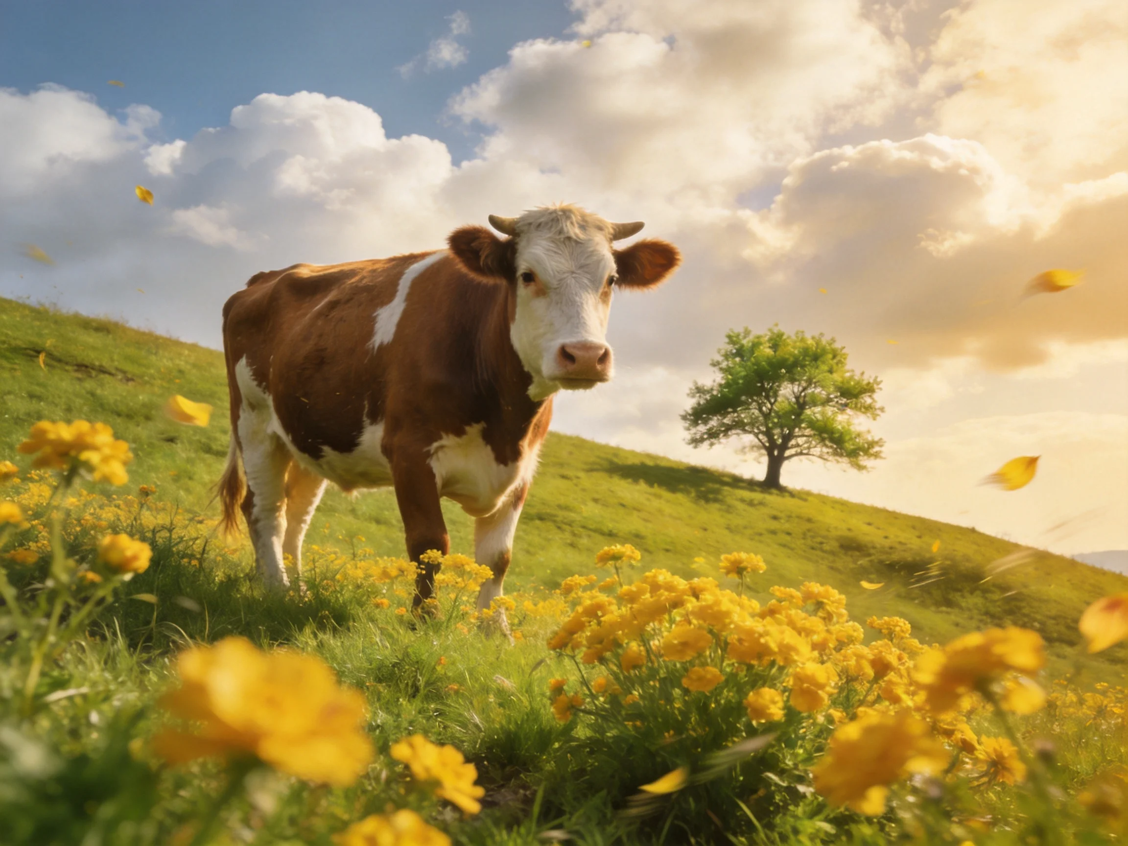 Brown and white cow among yellow flowers on green hillside