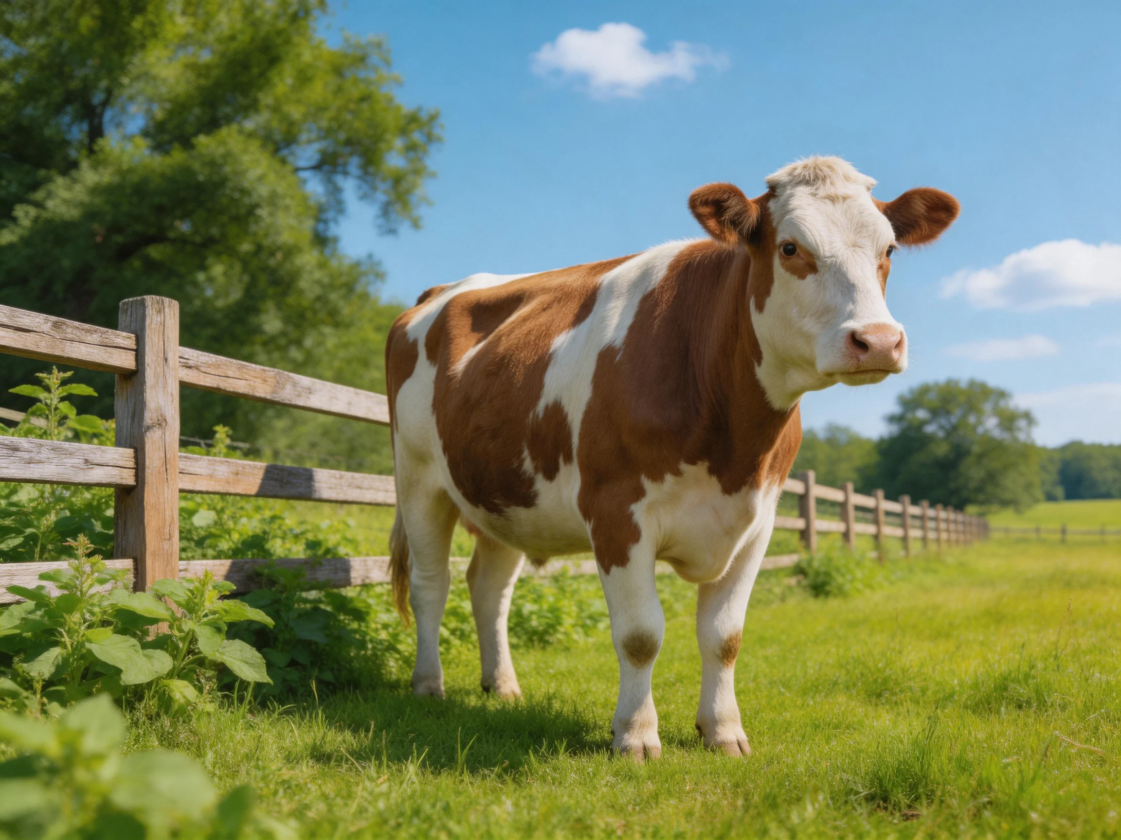 Brown and white cow by wooden fence in sunny pasture