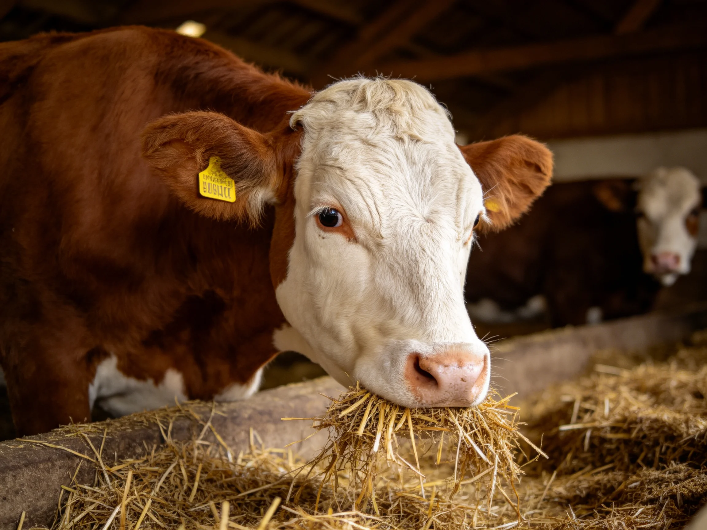 Brown and white cow feeding on hay in a barn with another cow