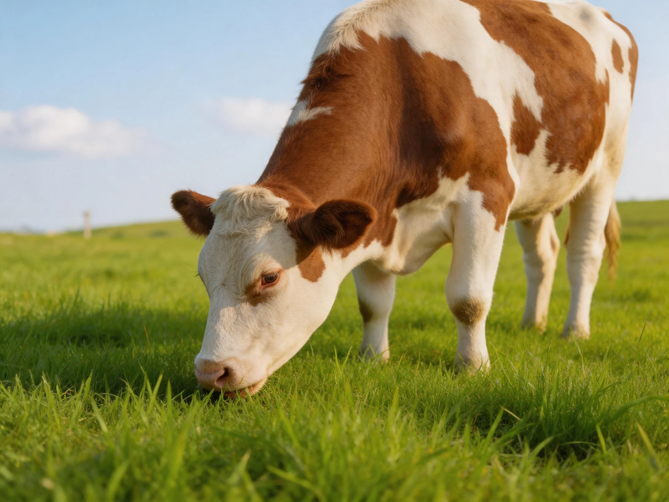 Brown and white cow grazing in a lush green meadow with clear blue sky