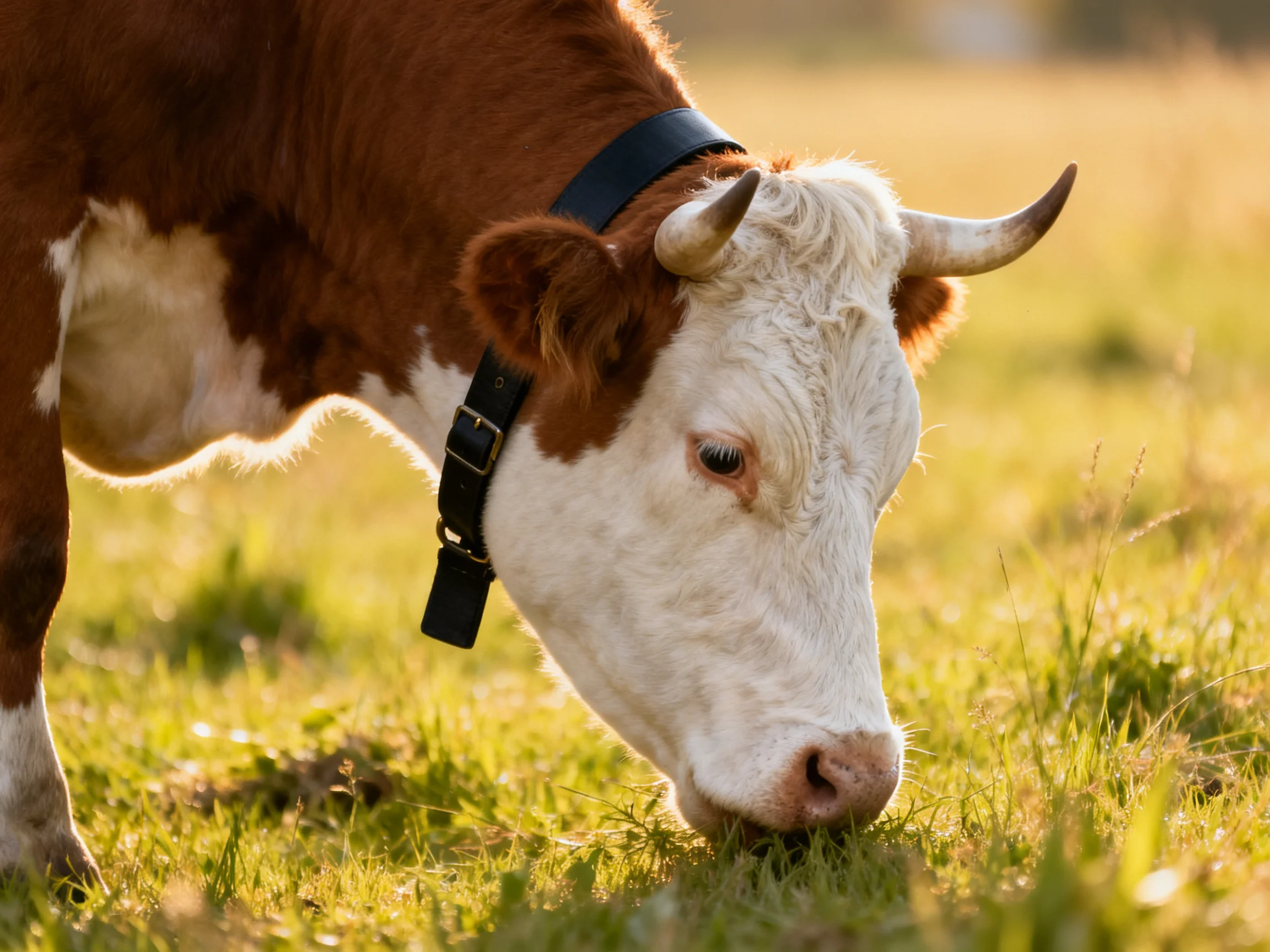 Brown and white cow grazing in a sun-drenched pasture
