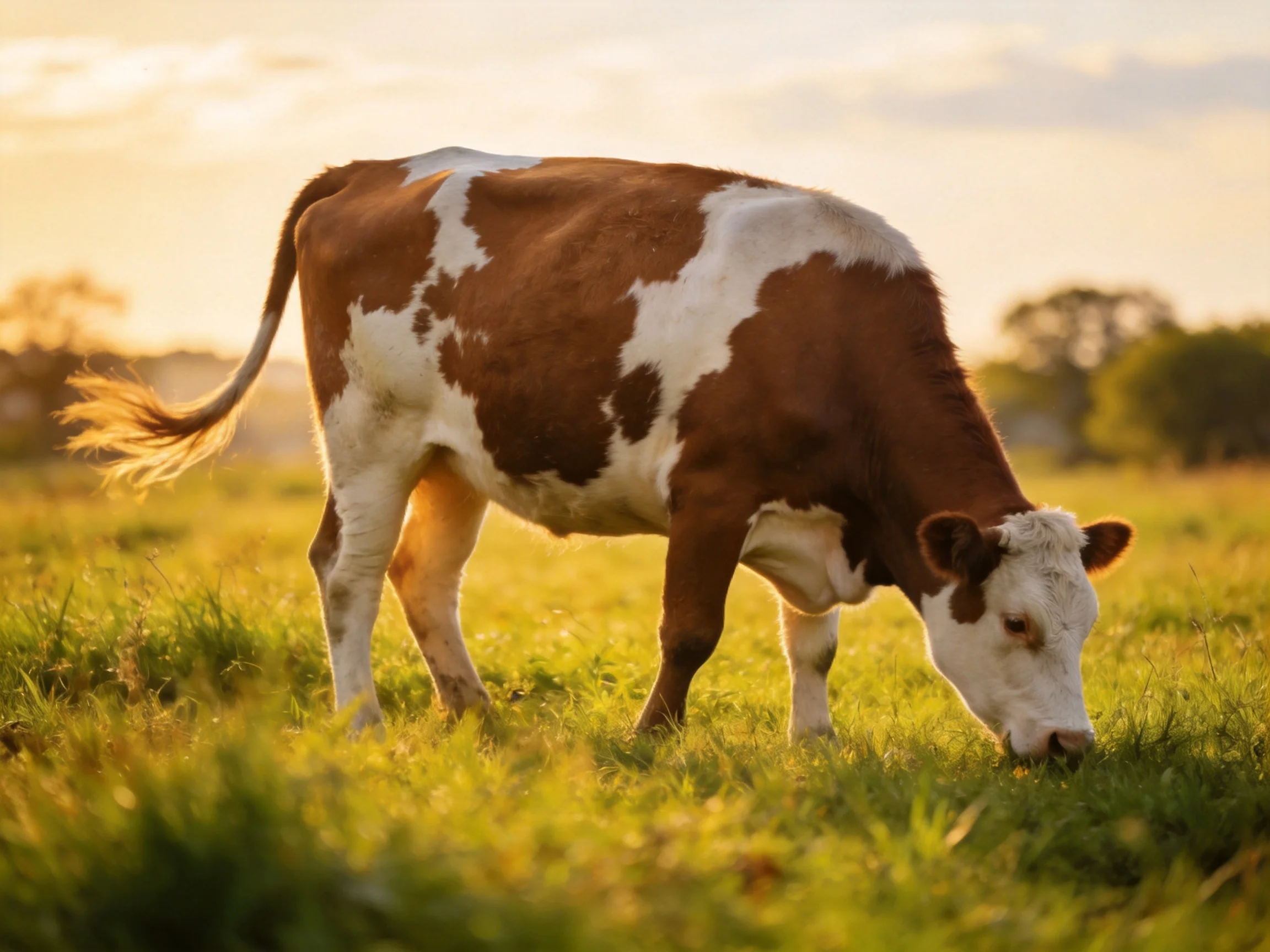 Brown and white cow grazing in a sunlit green pasture
