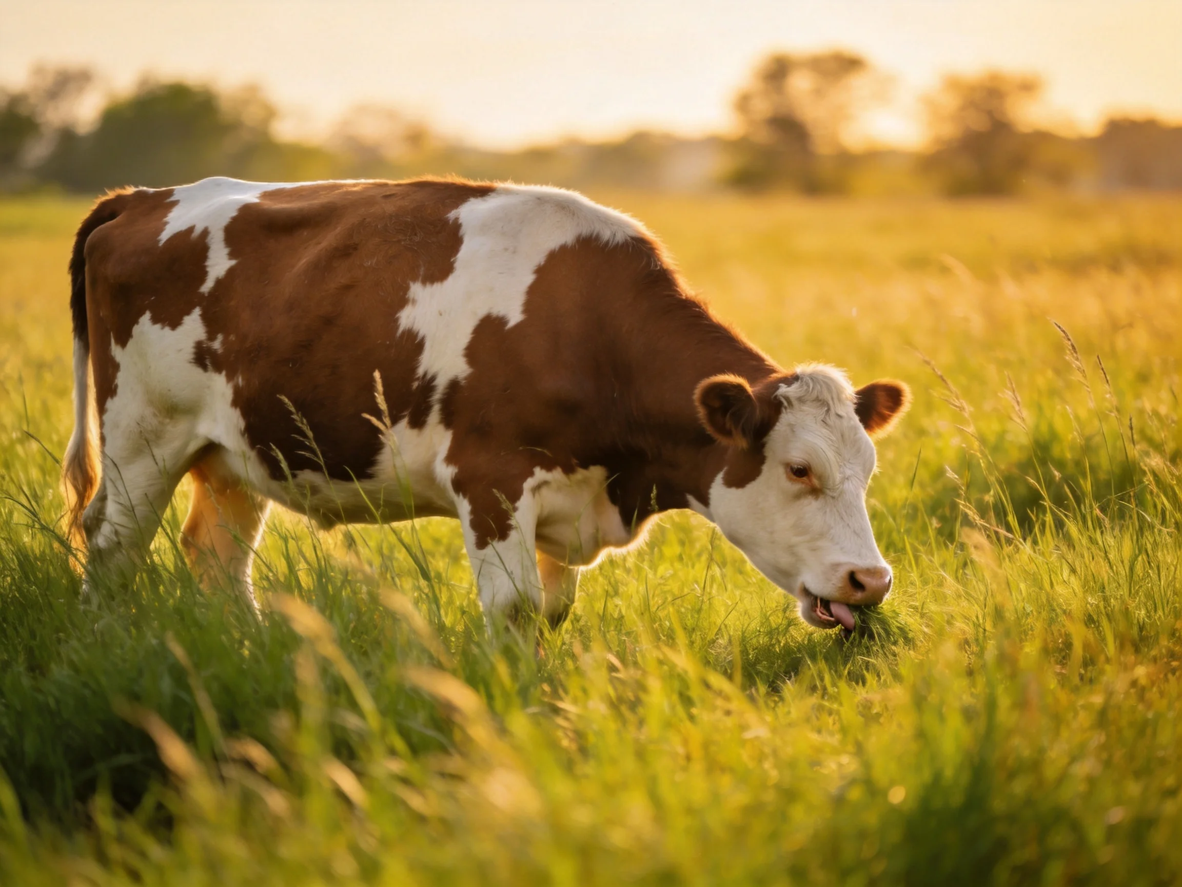 Brown and white cow grazing in sun-drenched grassy meadow