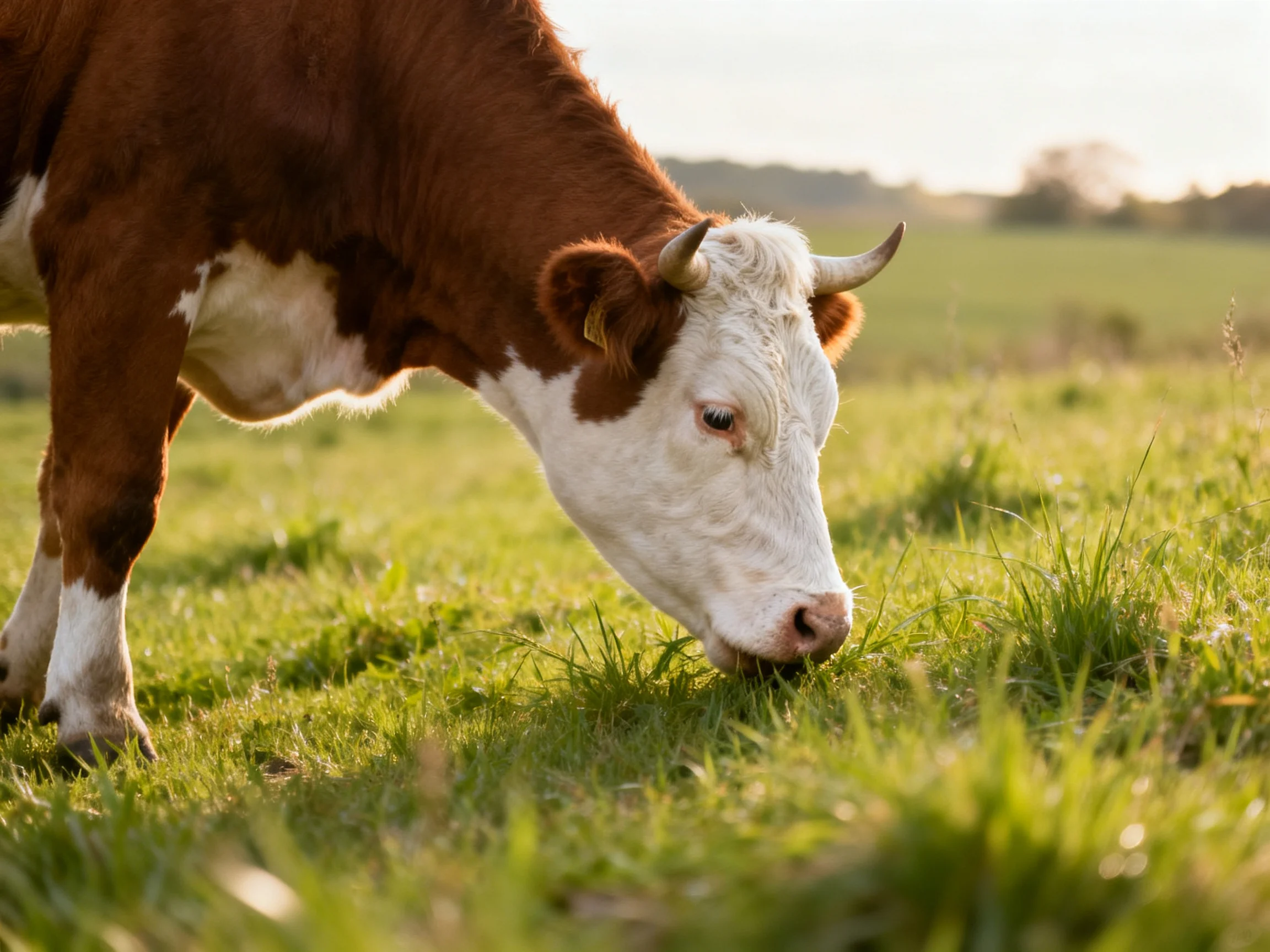 Brown and white cow grazing in sunlit green pasture