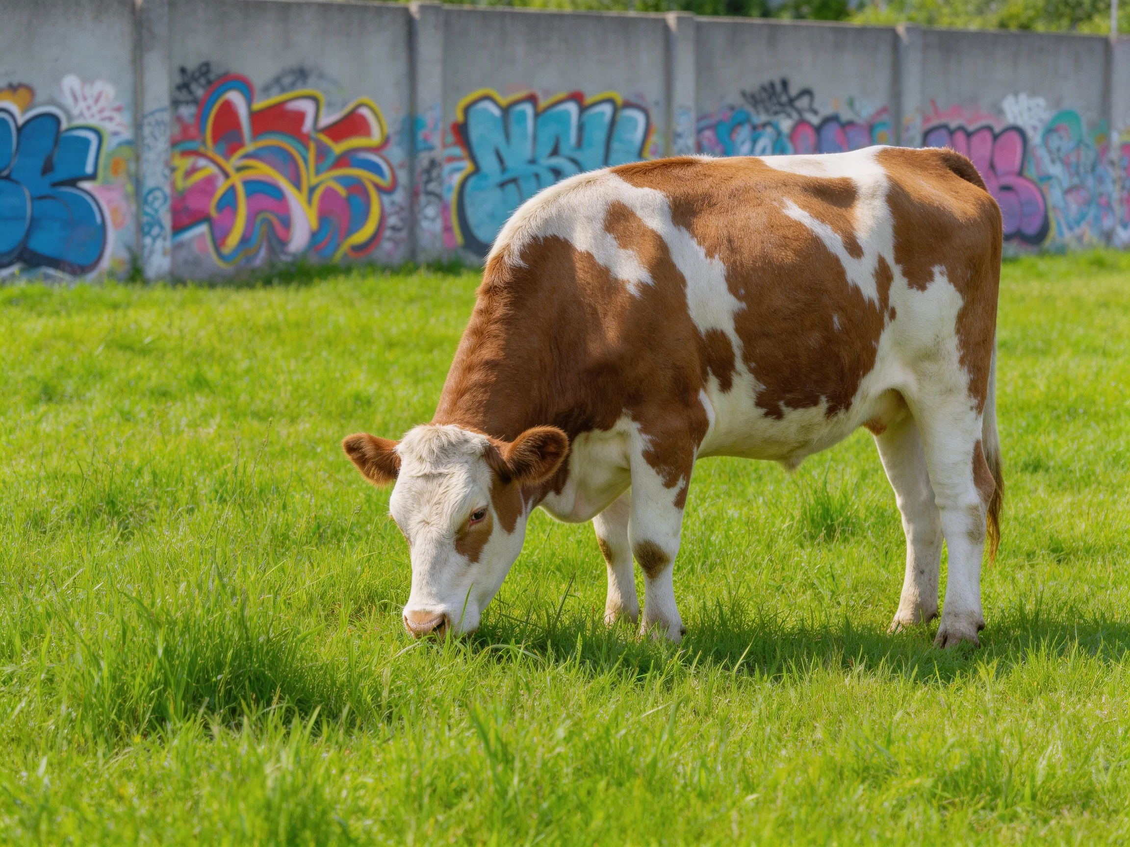 Brown and white cow grazing near colorful graffiti-covered wall