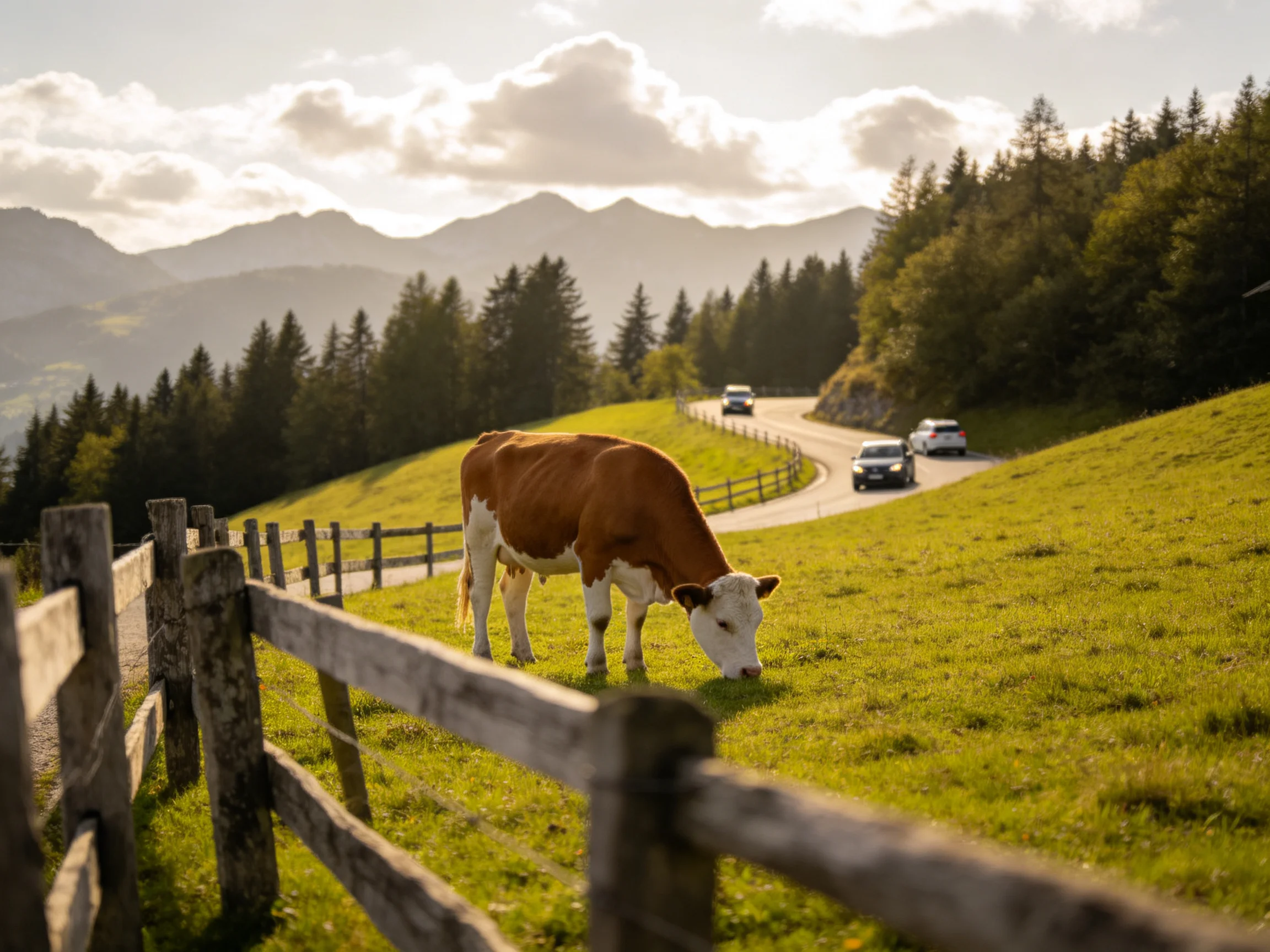 Brown and white cow grazing on a sunny grassy hillside by a mountain road