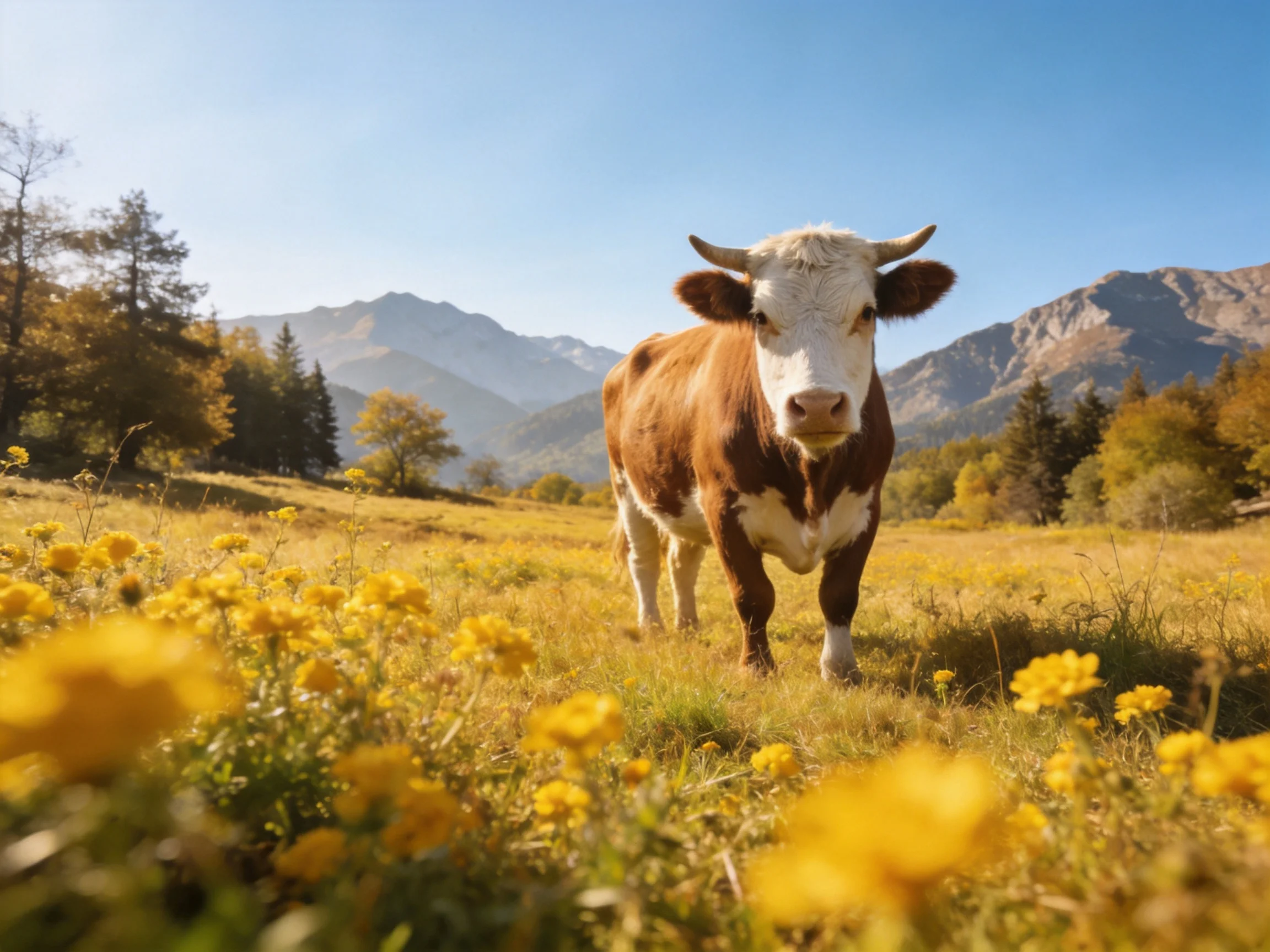Brown and white cow in a field of yellow wildflowers near mountains