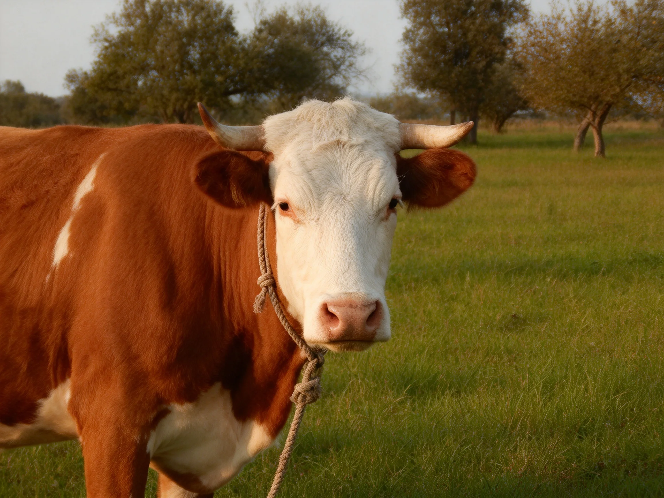 Brown and white cow in a sunlit grassy field with trees