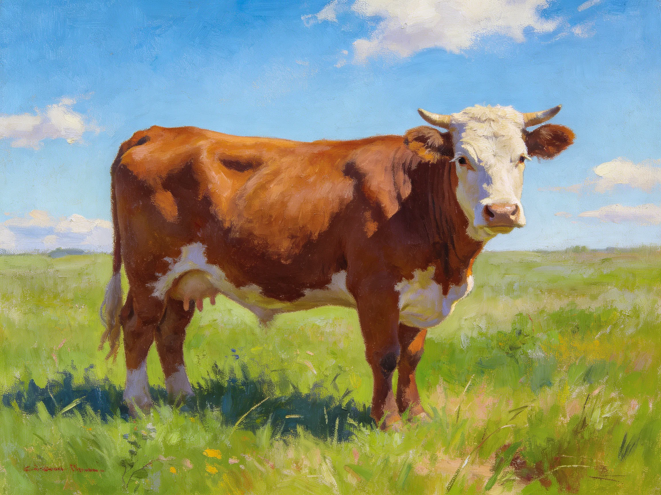 Brown and white cow in a sunlit green meadow