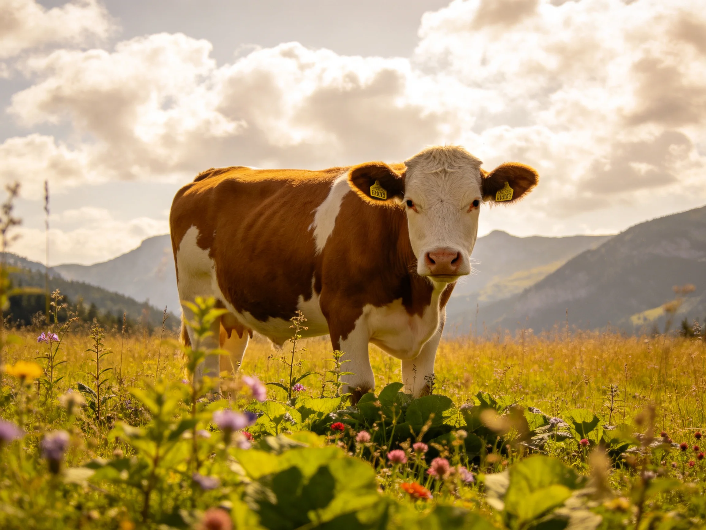 Brown and white cow in a wildflower meadow with mountains