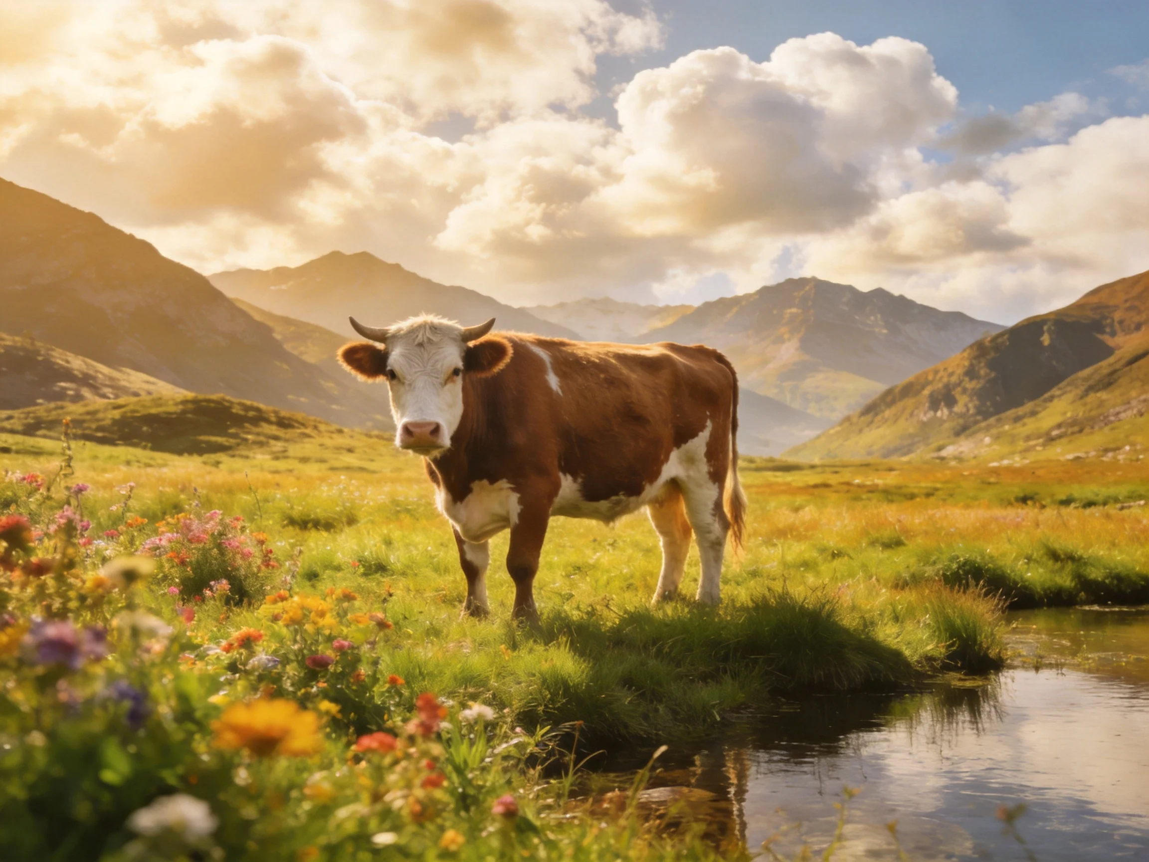 Brown and white cow in flower-filled mountain meadow by a stream