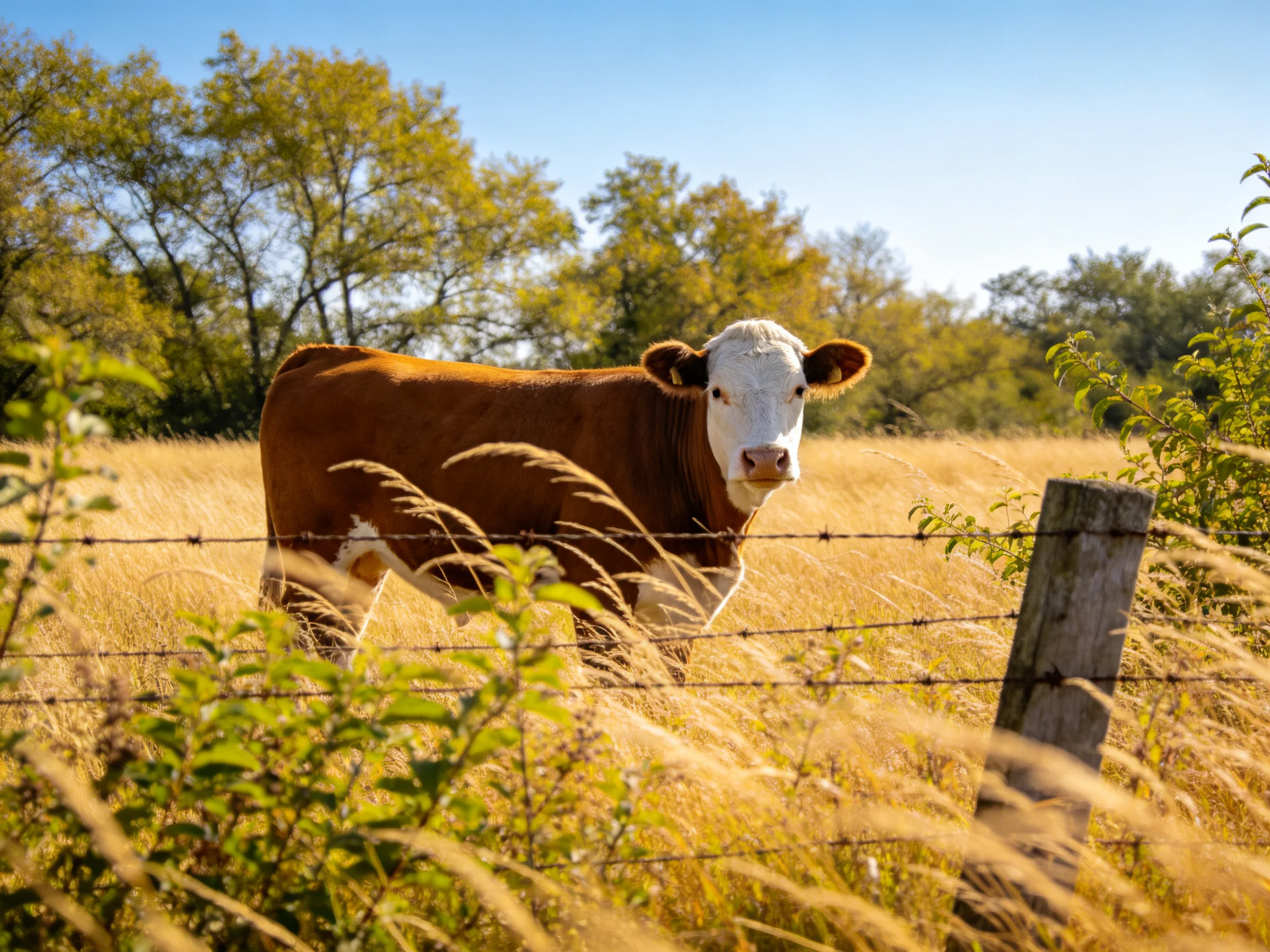 Brown and white cow in golden field near barbed wire fence