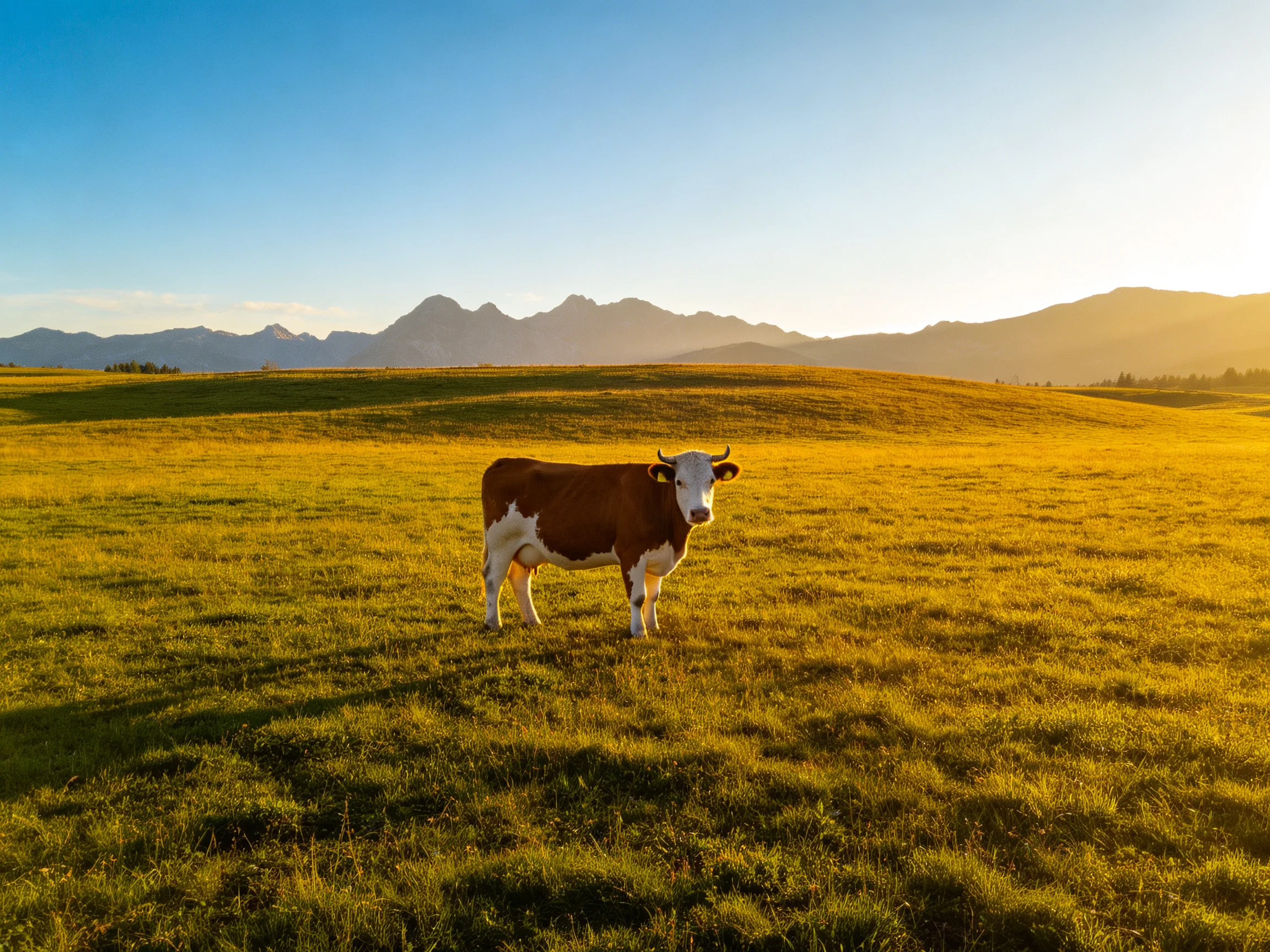 Brown and white cow in golden meadow with mountain backdrop