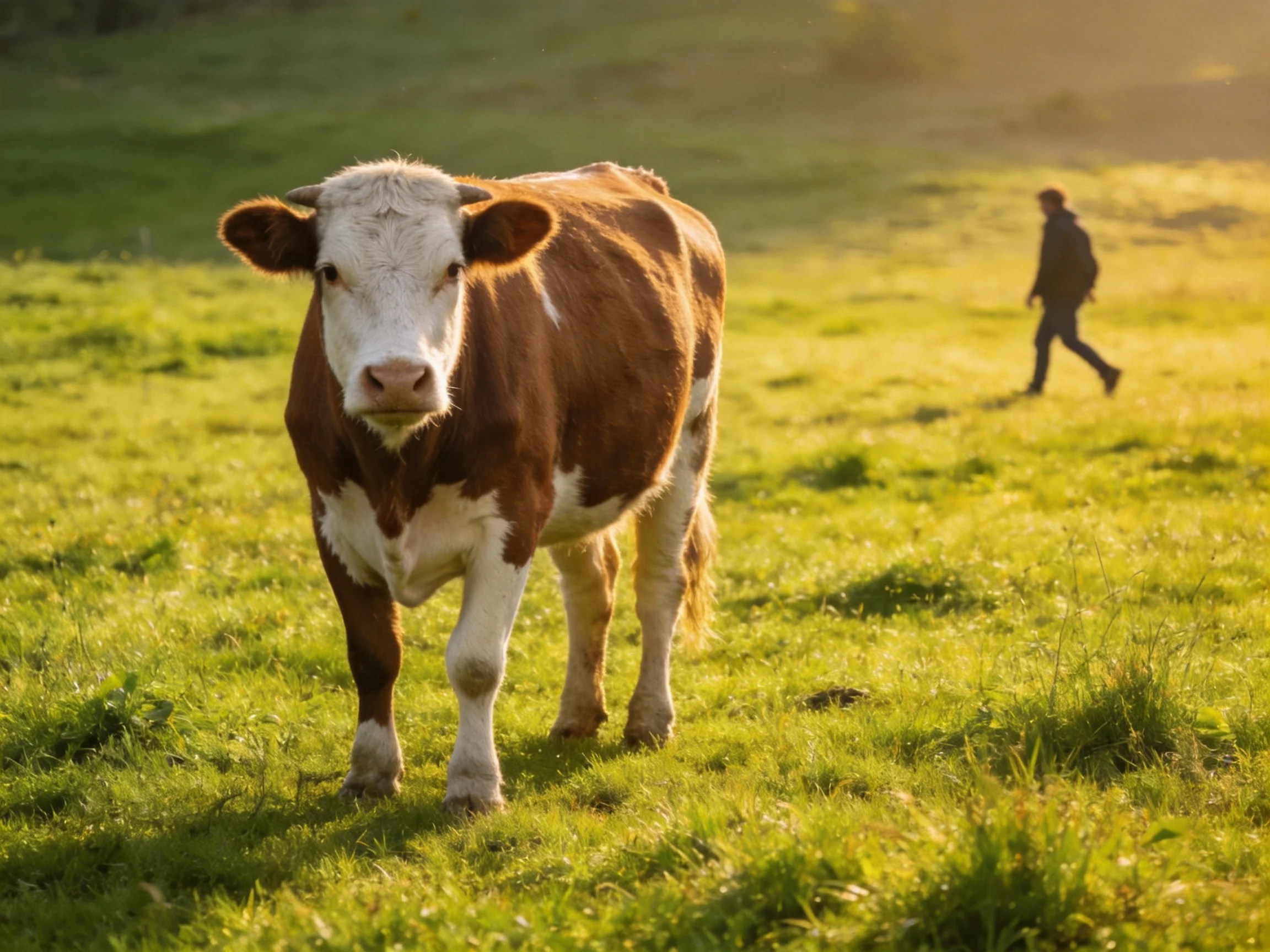 Brown and white cow in sun-drenched green meadow with distant walker