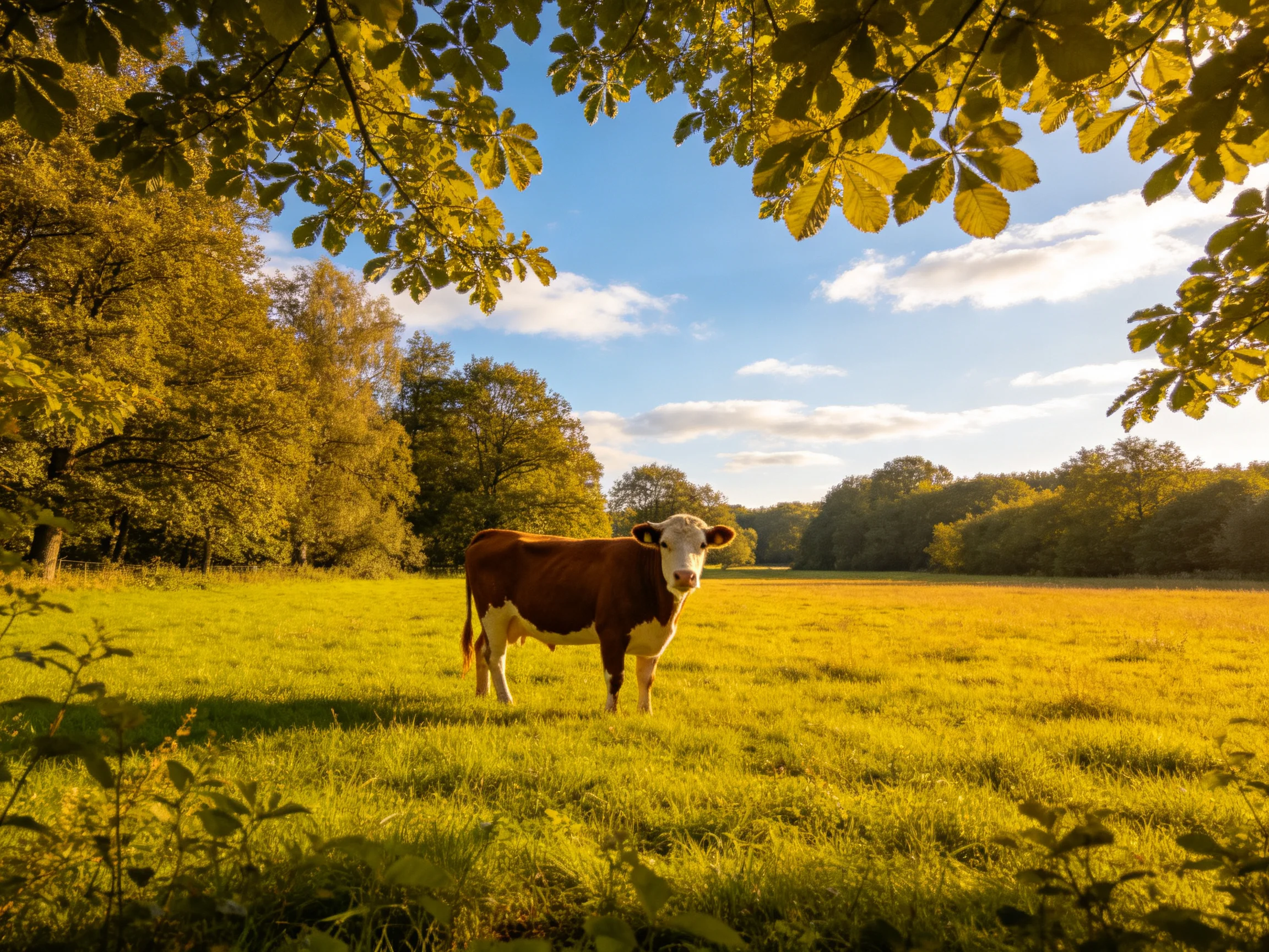 Brown and white cow in sunlit golden meadow with leafy trees