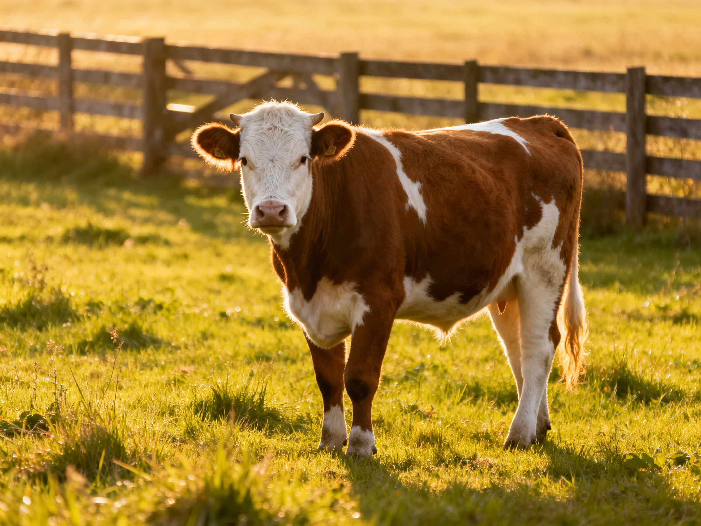 Brown and white cow in sunlit grassy field near wooden fences