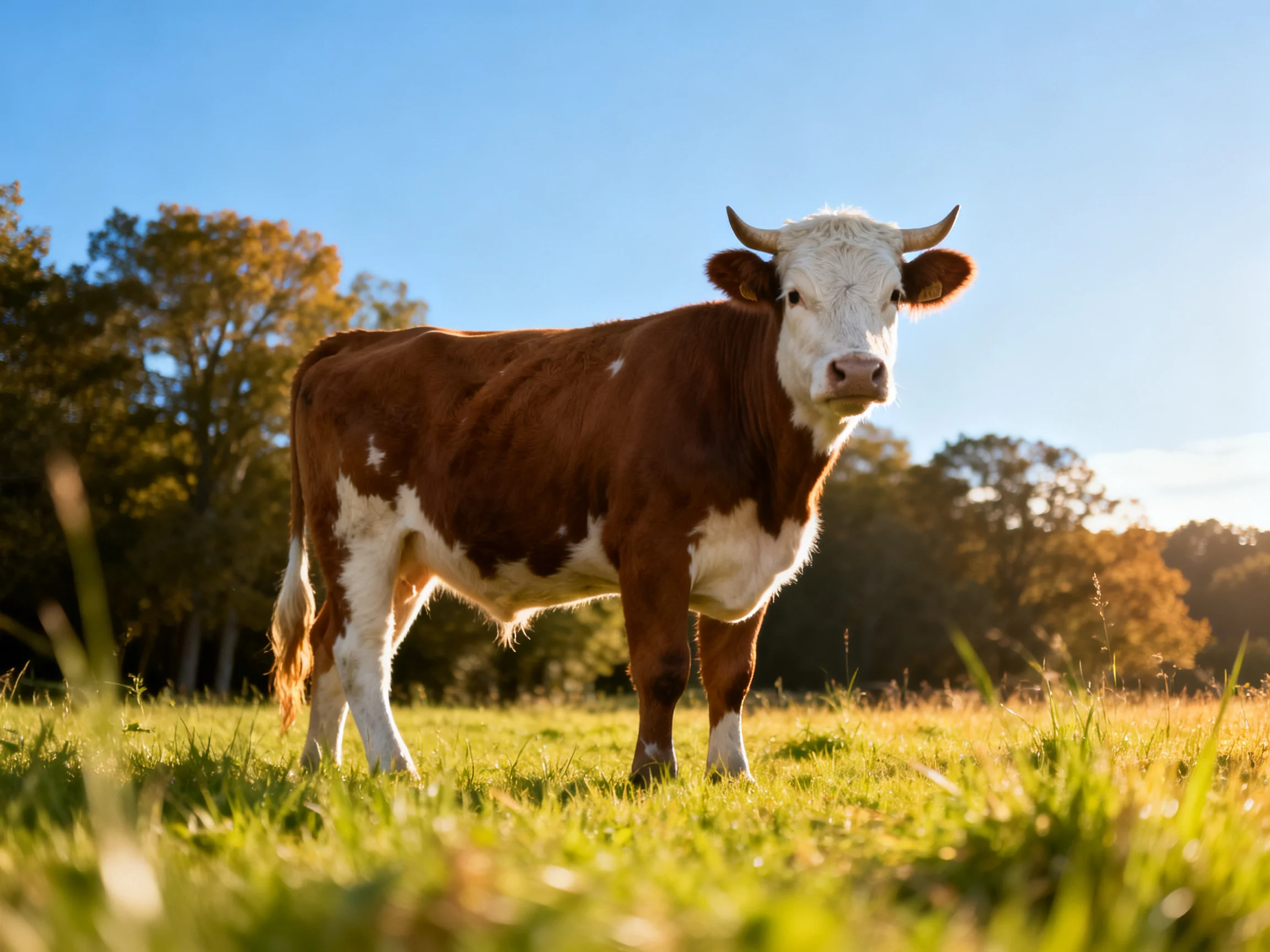 A brown and white cow stands in a sunlit meadow near trees.