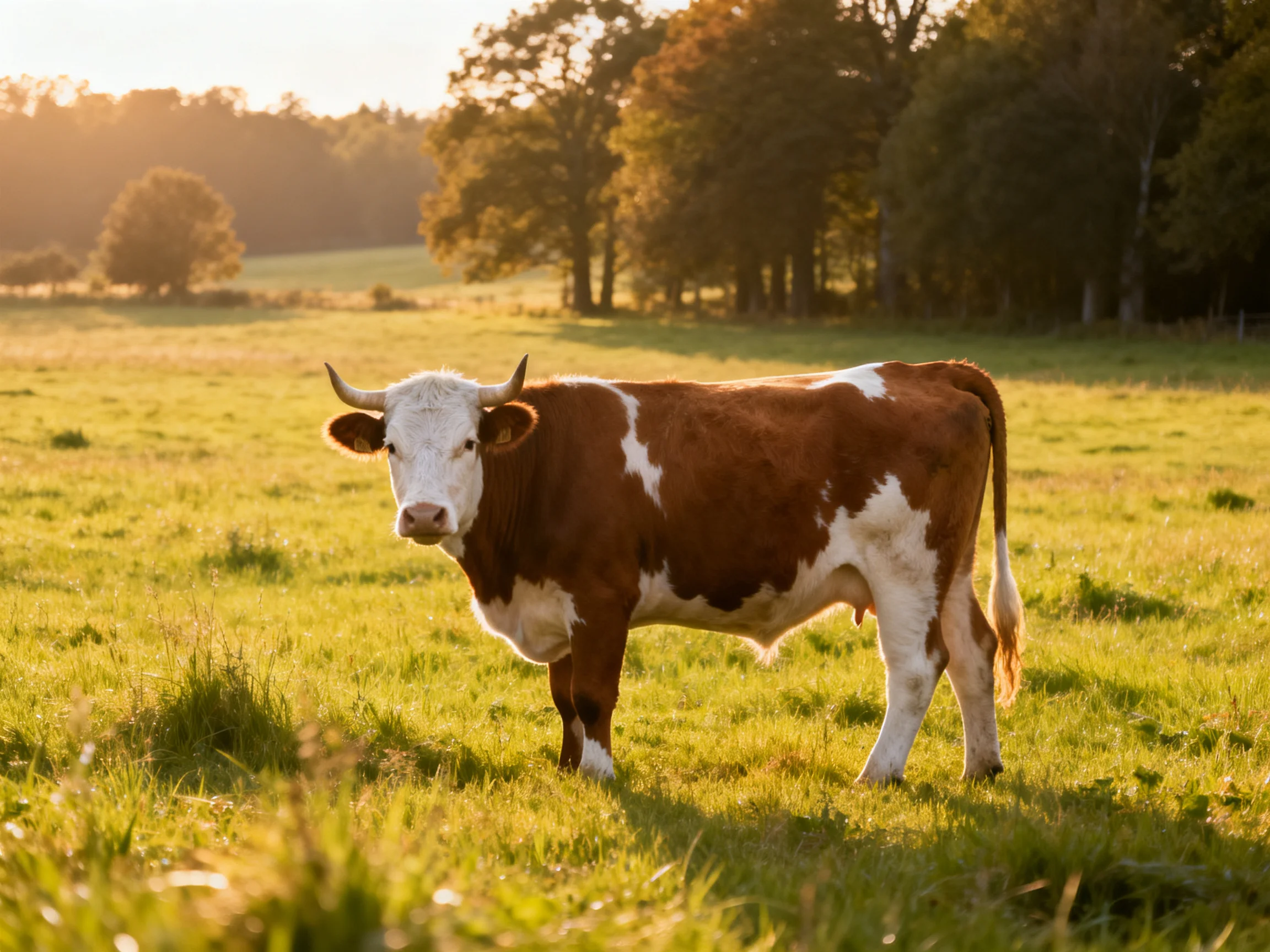 Brown and white cow in sunlit green pasture with trees