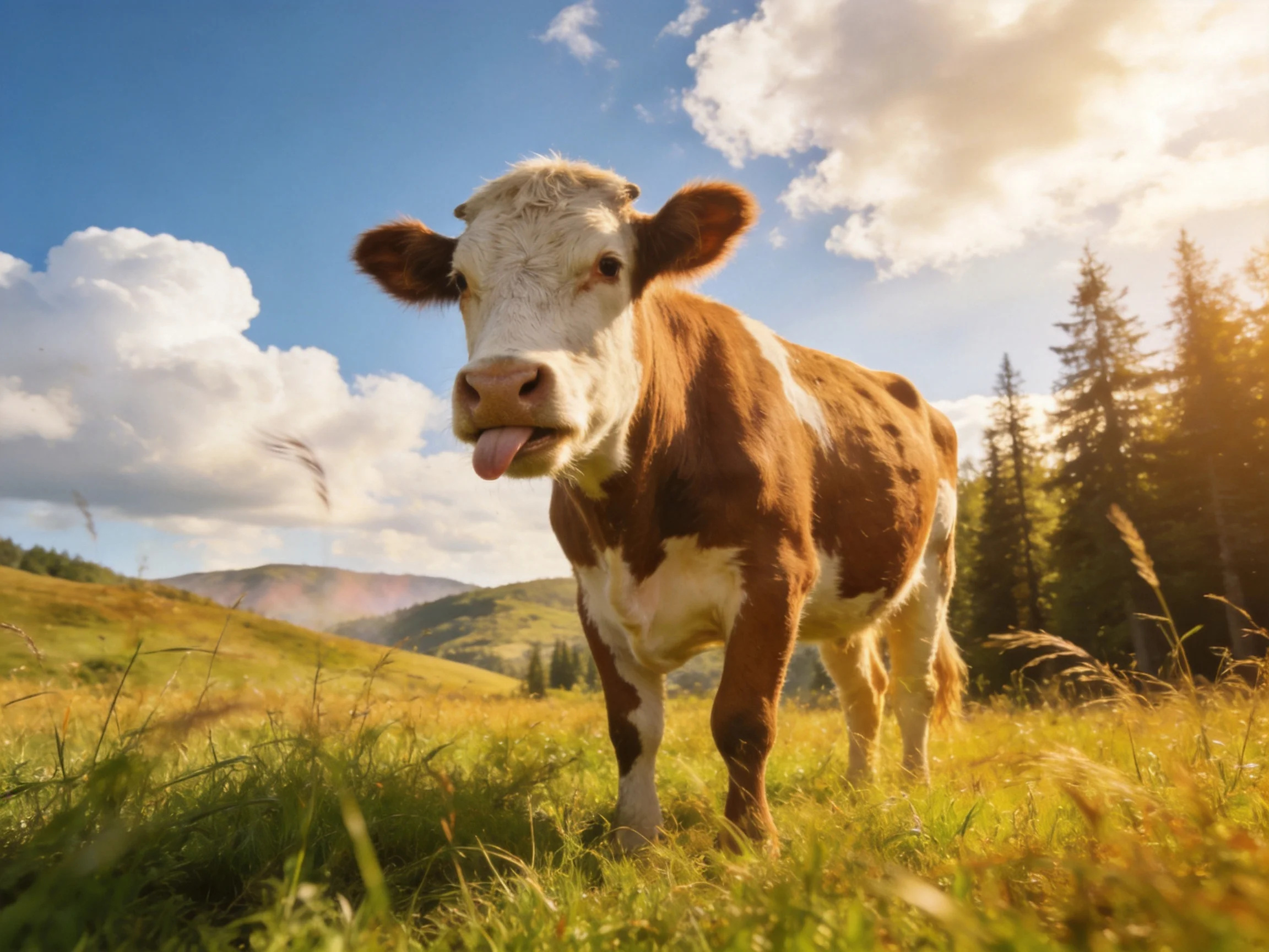 Brown and white cow in sunlit meadow with forested hills