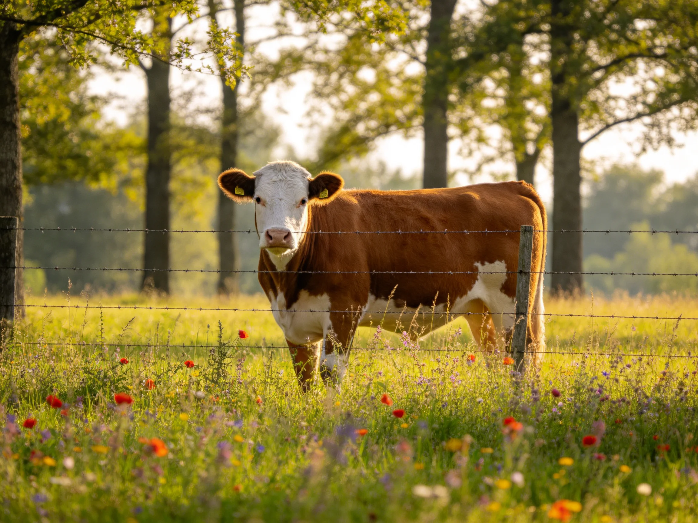 Brown-and-white cow near barbed wire in flower-filled meadow