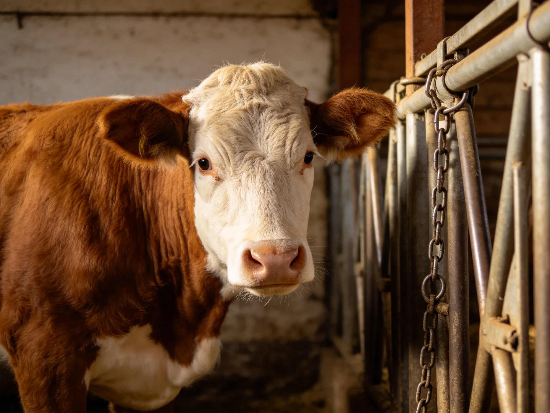 Brown and white cow near metal farm fencing in a barn