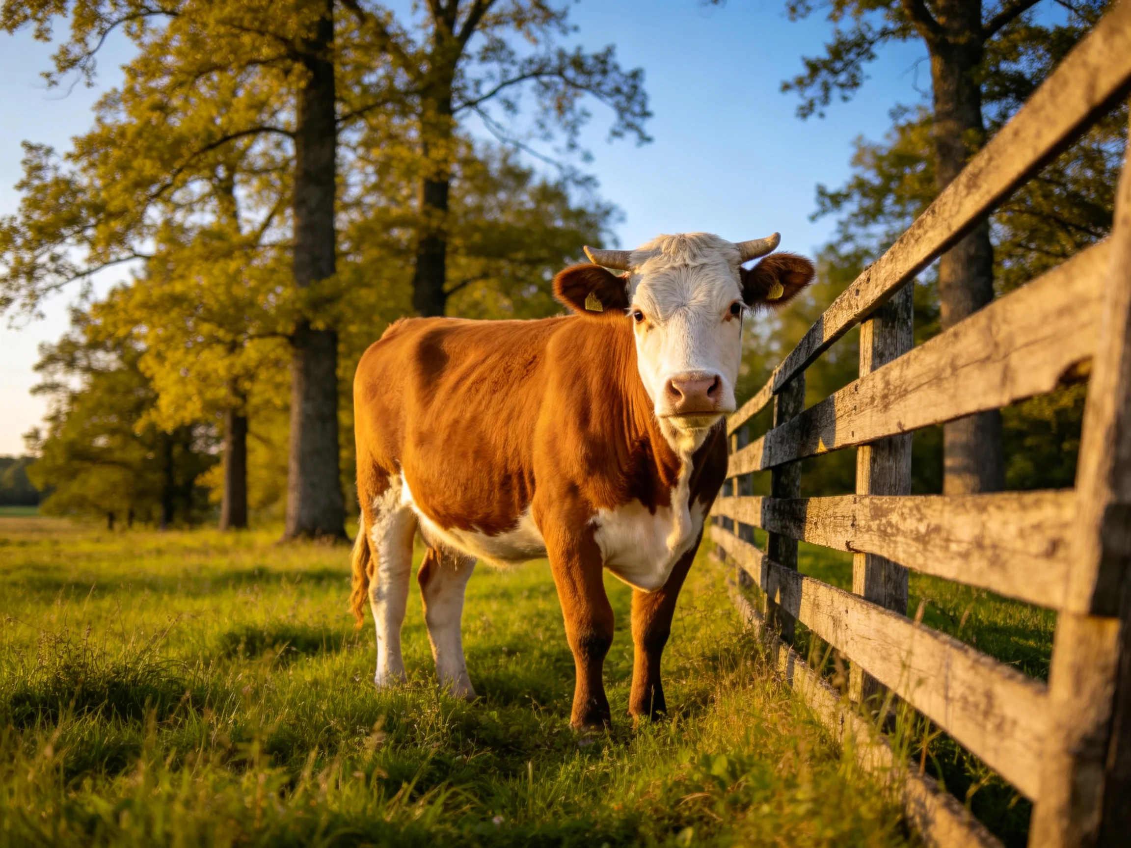 Brown and white cow near wooden fence in sunlit pasture