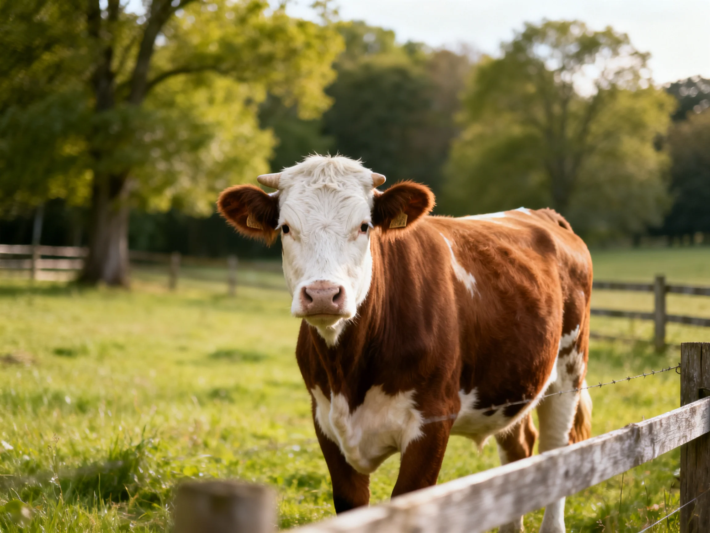 Brown and white cow near wooden fence in sunlit pasture