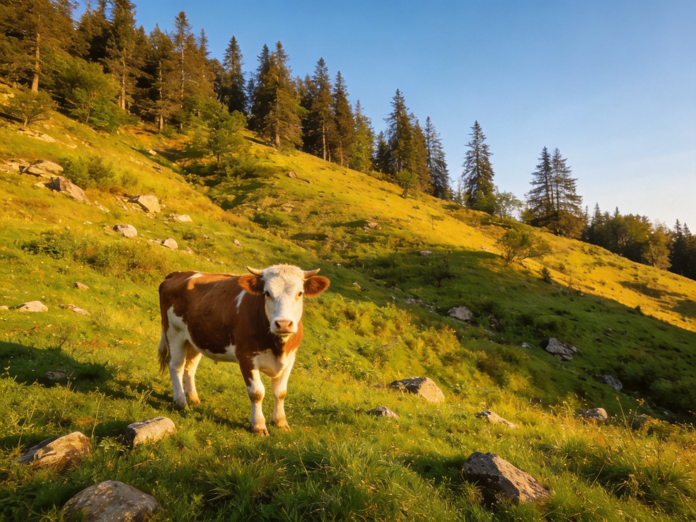 Brown-and-white cow on sunlit green hillside with tall pines