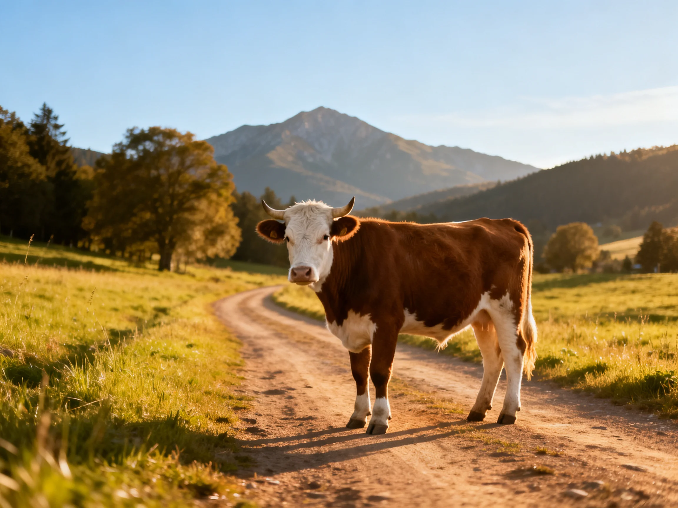 Brown and white cow on winding dirt path near forested mountains