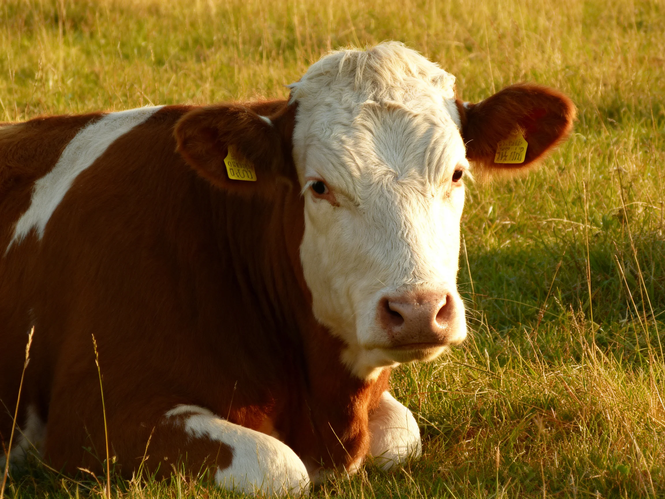 A brown and white cow rests in a sunlit grassy field.